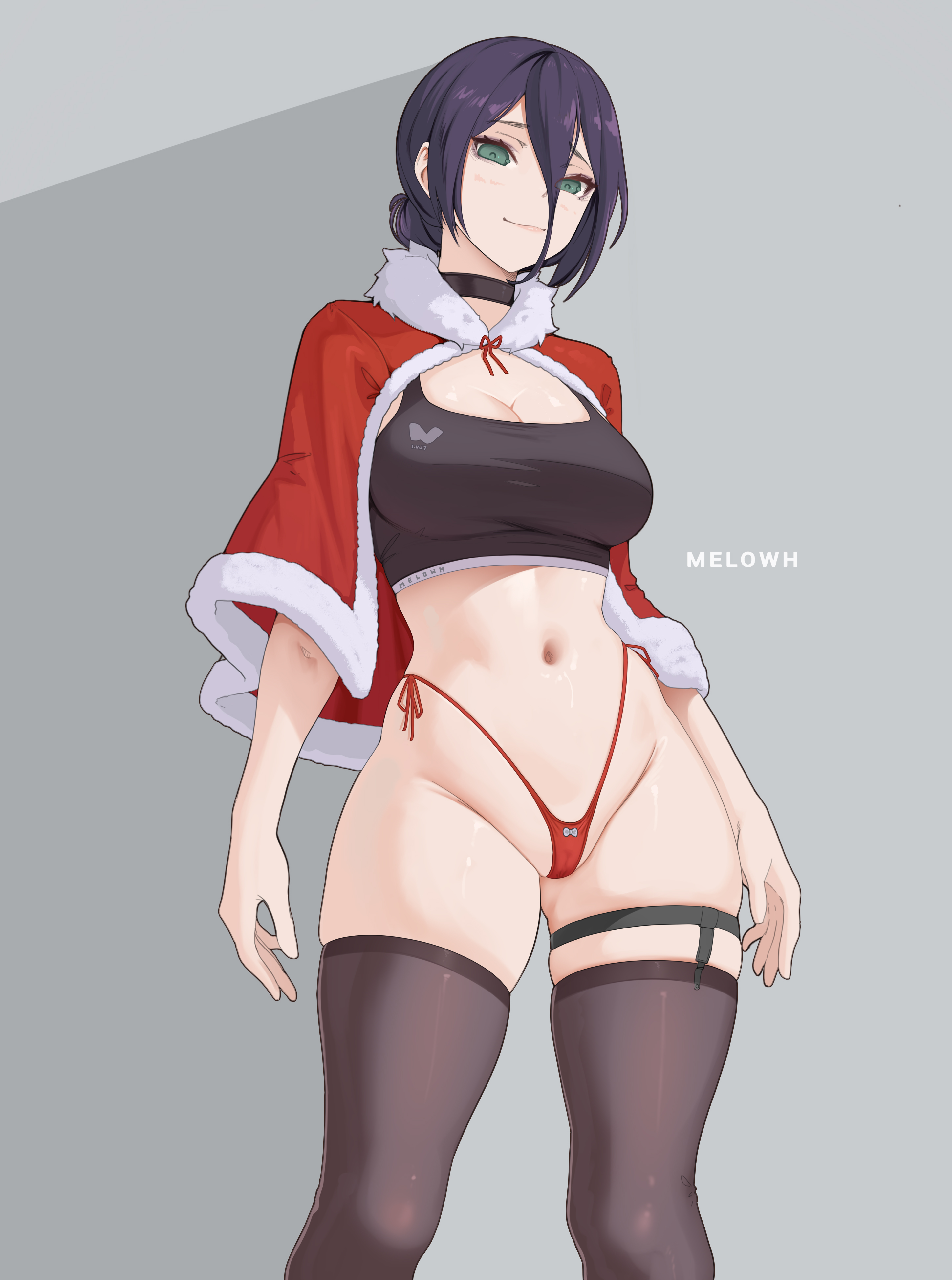 1girls, big breasts, blushing, bra, cameltoe, chainsaw man, choker, christmas, christmas outfit, cleavage, female, female only, garter belt, green eyes, hourglass figure, huge breasts, lingerie, long hair, looking at viewer, melowh, navel, panties, partially clothed, purple hair, pussy, reze (chainsaw man), skindentation, smiling, sports bra, standing, thick, thick thighs, thighhighs, thighs, tied hair