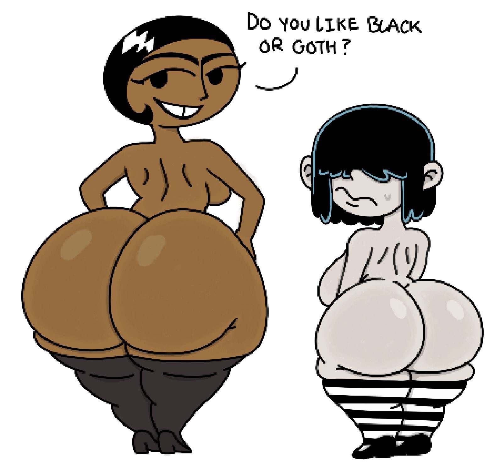 2girls, brit crust, crossover, dark-skinned female, goth, goth girl, large ass, large breasts, large butt, large thighs, lucy loud, my life as a teenage robot, netflix, nickelodeon, pale-skinned female, shortstack, tall female, the loud house, the loud house movie, theslashfive