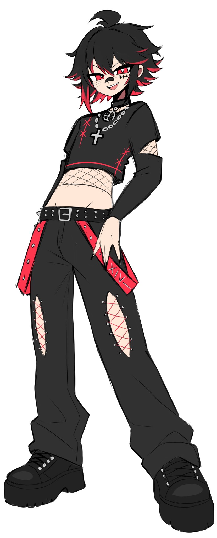 1boy, black hair, black outfit, femboy, gay, gotic, red eyes, red hair, sexy body, sexy pose, shizavt, yaoi