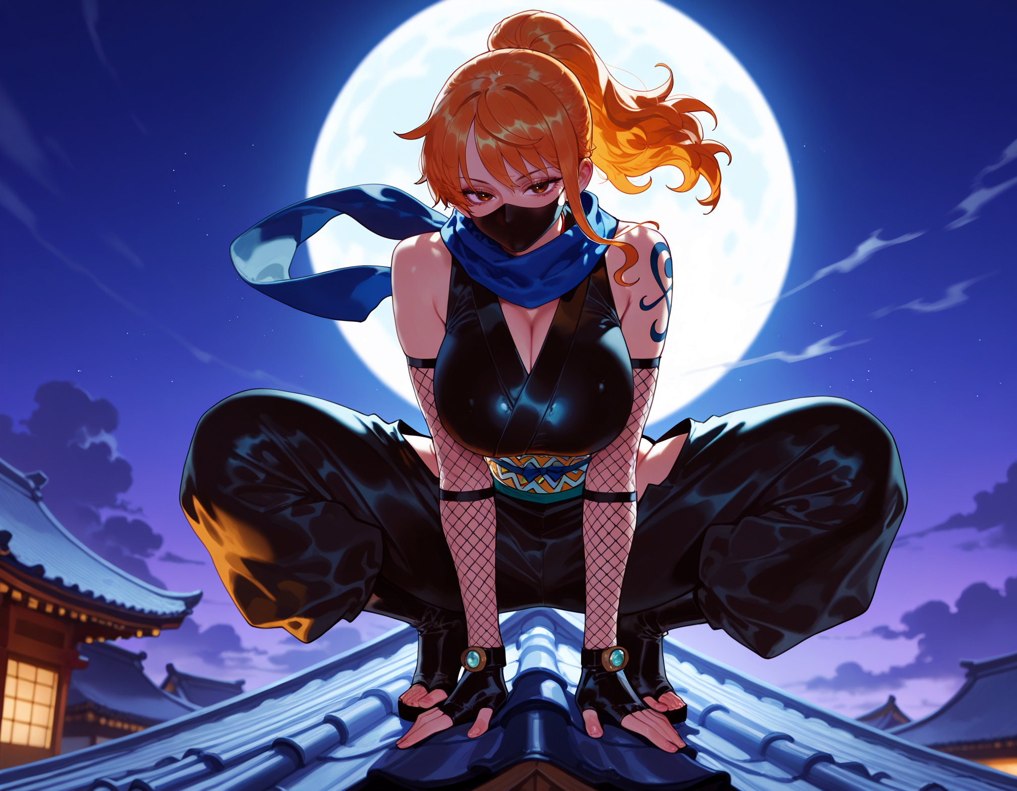 1girls, ai generated, architecture, arm tattoo, balecxi, bare shoulders, black gloves, black pants, blue scarf, breasts, brown eyes, cleavage, clothing, cloud, covered mouth, curvaceous, curvaceous female, curvaceous figure, curvy, curvy figure, east asian architecture, female, female focus, female only, fingerless gloves, fishnets, full body, full moon, gloves, high ponytail, hip vent, japanese clothes, kimono, large breasts, long hair, looking at viewer, mask, moon, mouth mask, nami (one piece), night, night sky, ninja, ninja mask, on roof, one piece, orange eyes, orange hair, outdoors, pants, ponytail, rooftop, scarf, shoulder tattoo, sidelocks, sky, sleeveless, solo, solo focus, squatting, star (sky), starry sky, tattoo, toes, traditional clothes, voluptuous, voluptuous female, wafuku