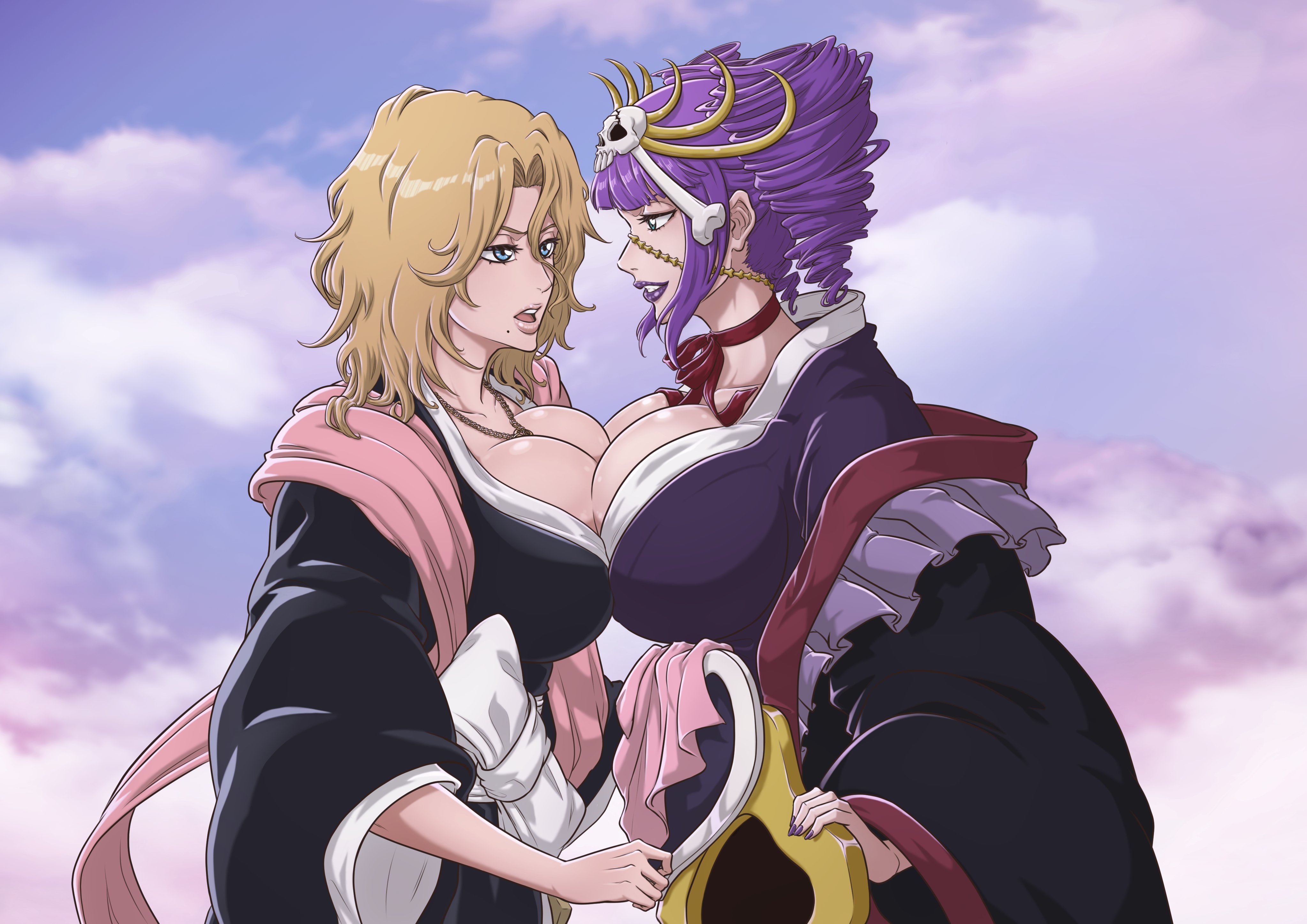 2girls, bleach, blonde hair, breast press, buxom, chest bump, fat breasts, huge breasts, katen kyoukotsu, matsumoto rangiku, milf, sonzhondaya
