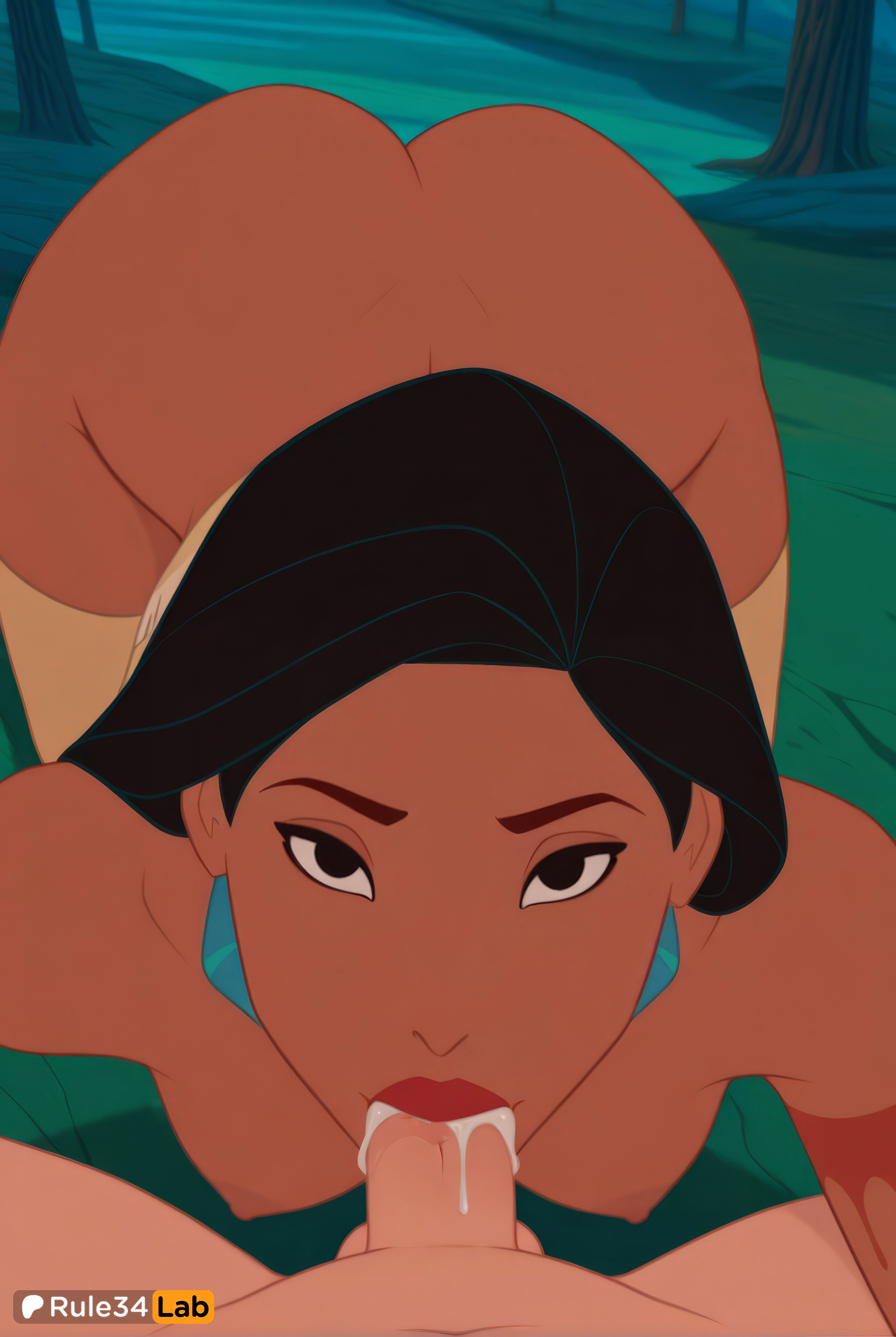 1boy, 1boy1girl, 1girls, ai generated, all fours, artist name, ass, black eyes, black hair, blowjob, breasts, cum, cum in mouth, dark skin, dark-skinned female, disney, disney princess, erection, fellatio, female, hi res, interracial, light skin, light-skinned male, lipstick, looking at viewer, makeup, native american, nipples, nude, oral, outdoors, penis, pocahontas, pocahontas (character), pov, rule34lab, solo focus, straight, thighhighs, uncensored