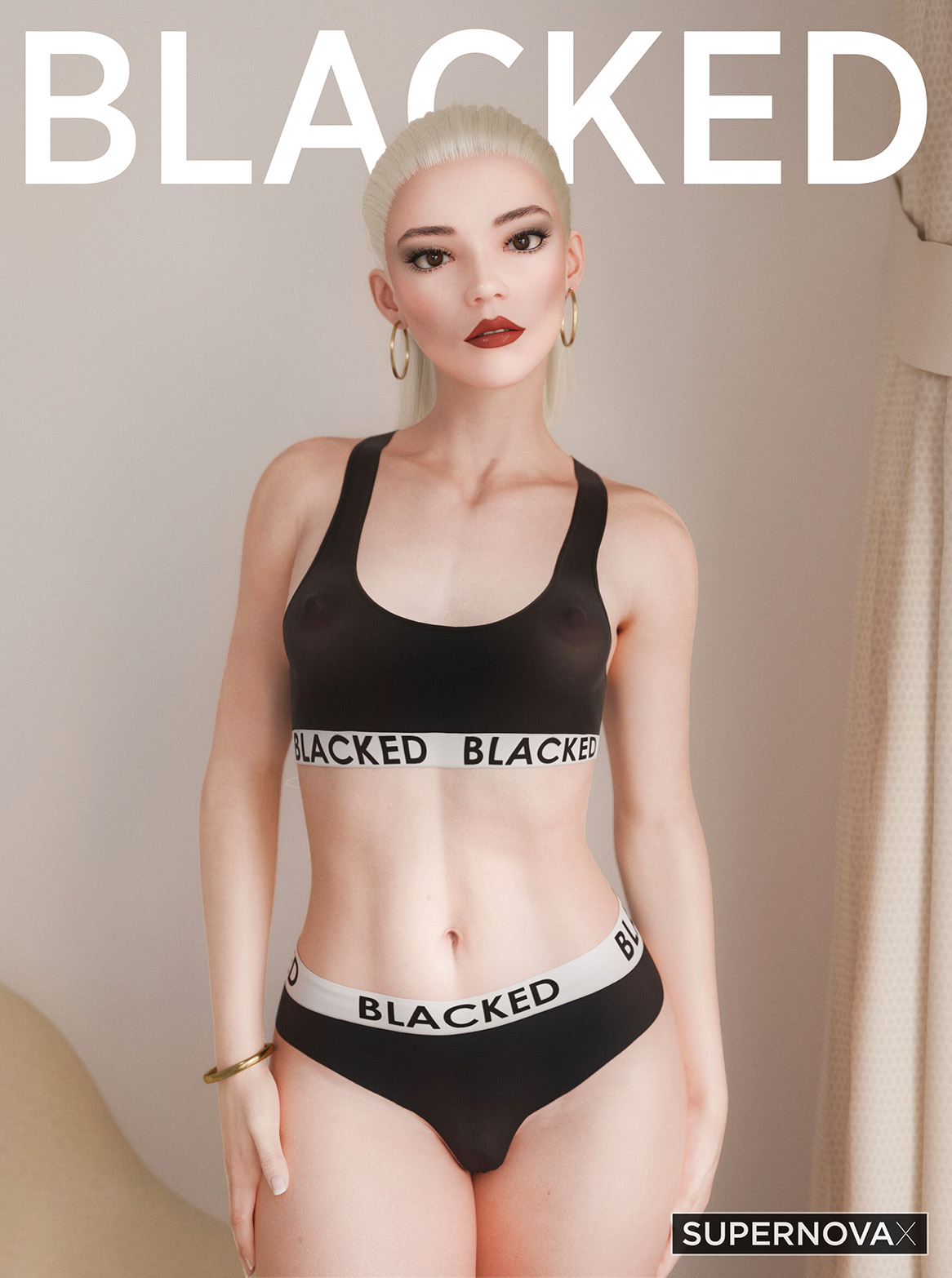 1girls, 3d, anya taylor joy, areolae, areolae visible through clothing, argentinian female, blacked, blacked clothing, blonde female, blonde hair, bracelet, earrings, female, hazel eyes, hoop earrings, jewelry, latina, light skin, light-skinned female, logo, looking at viewer, nipples, nipples visible through clothing, original, queen of spades, real person, red lipstick, see-through clothing, see-through top, snowbunny, solo, sports bra, supernovax, tagme, underwear, watermark, white background, white text, yellow bracelet