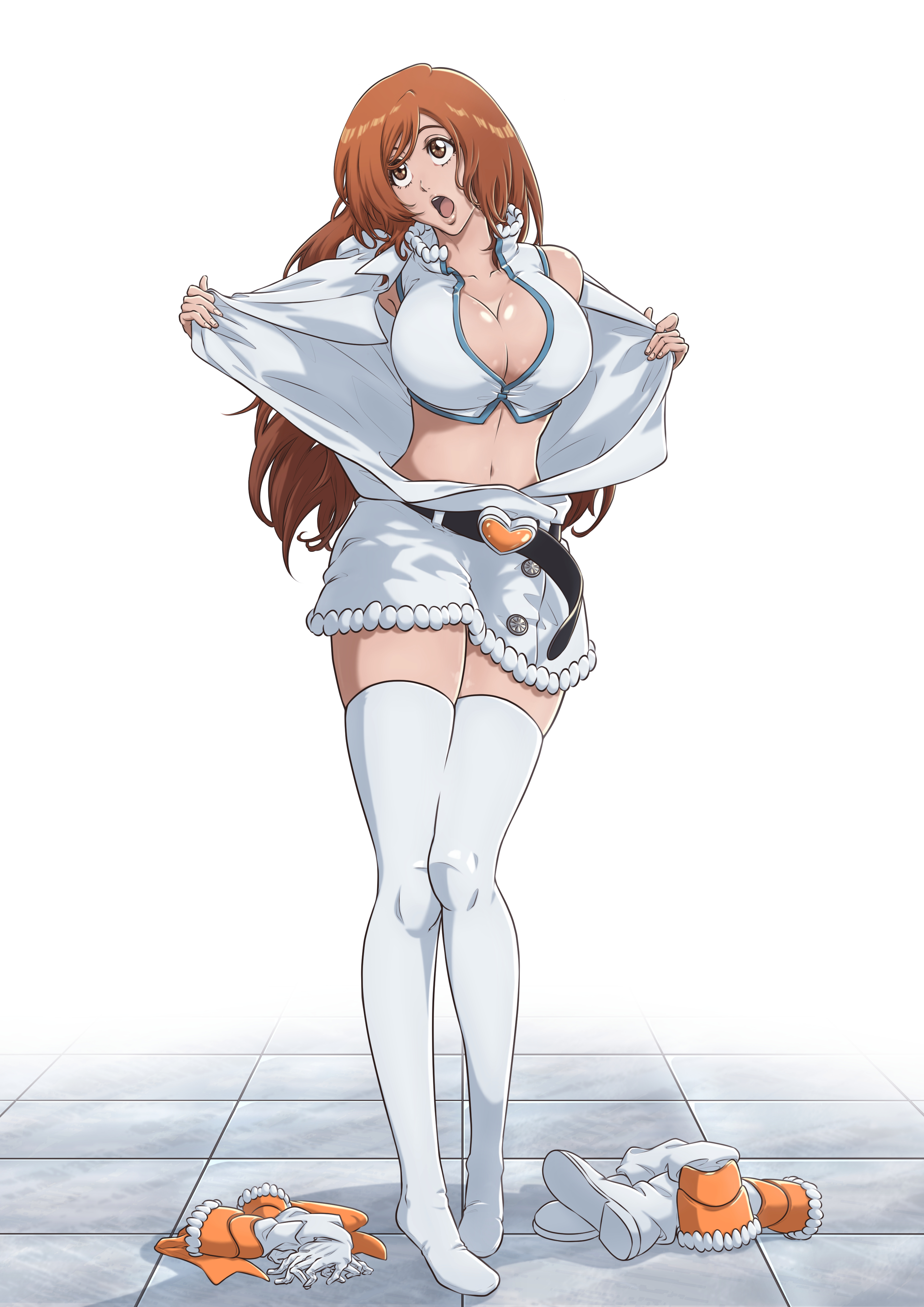 1girls, about to burst, barely contained, barely contained breasts, barely fits, bleach, breasts too big, brown eyes, bursting breasts, buttons, imminent wardrobe malfunction, inoue orihime, large breasts, orange hair, sonzhondaya, strained buttons, straining clothing, tight clothes, tight clothing, tight fit, too tight, undersized clothes, undersized clothing