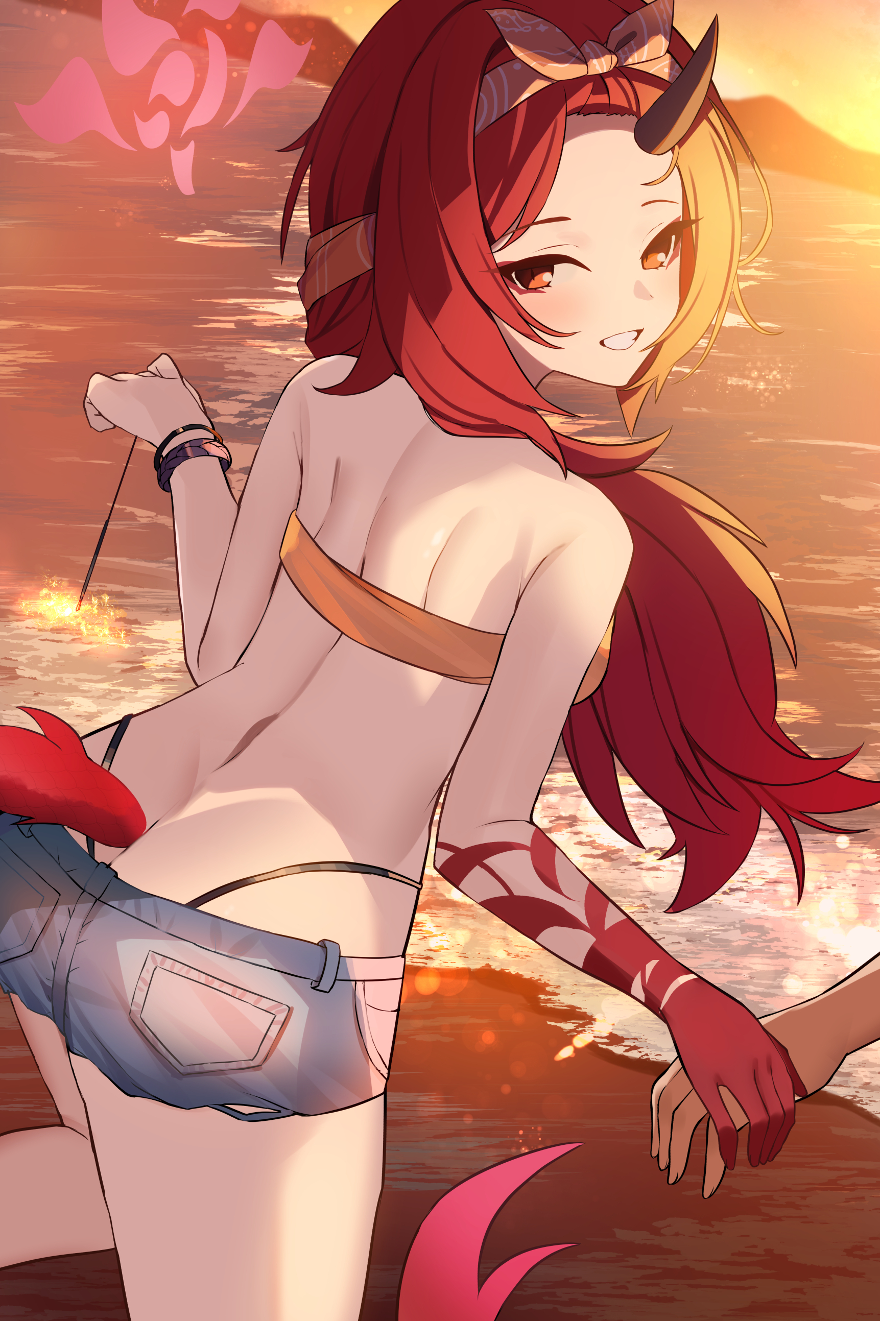 1boy, absurdres, bangs pinned back, bare arms, bare shoulders, bikini, blue archive, colored skin, commentary request, denim, denim shorts, dragon girl, dragon horns, dragon tail, female, from behind, hairband, highres, holding, holding fireworks, holding hands, horns, long hair, looking at viewer, mi taro333, multicolored skin, ocean, official alternate costume, official alternate hairstyle, orange hairband, red eyes, red hair, red skin, renge (blue archive), renge (swimsuit) (blue archive), short shorts, shorts, sidelocks, single horn, solo focus, swimsuit, tail, wristband, yellow bikini
