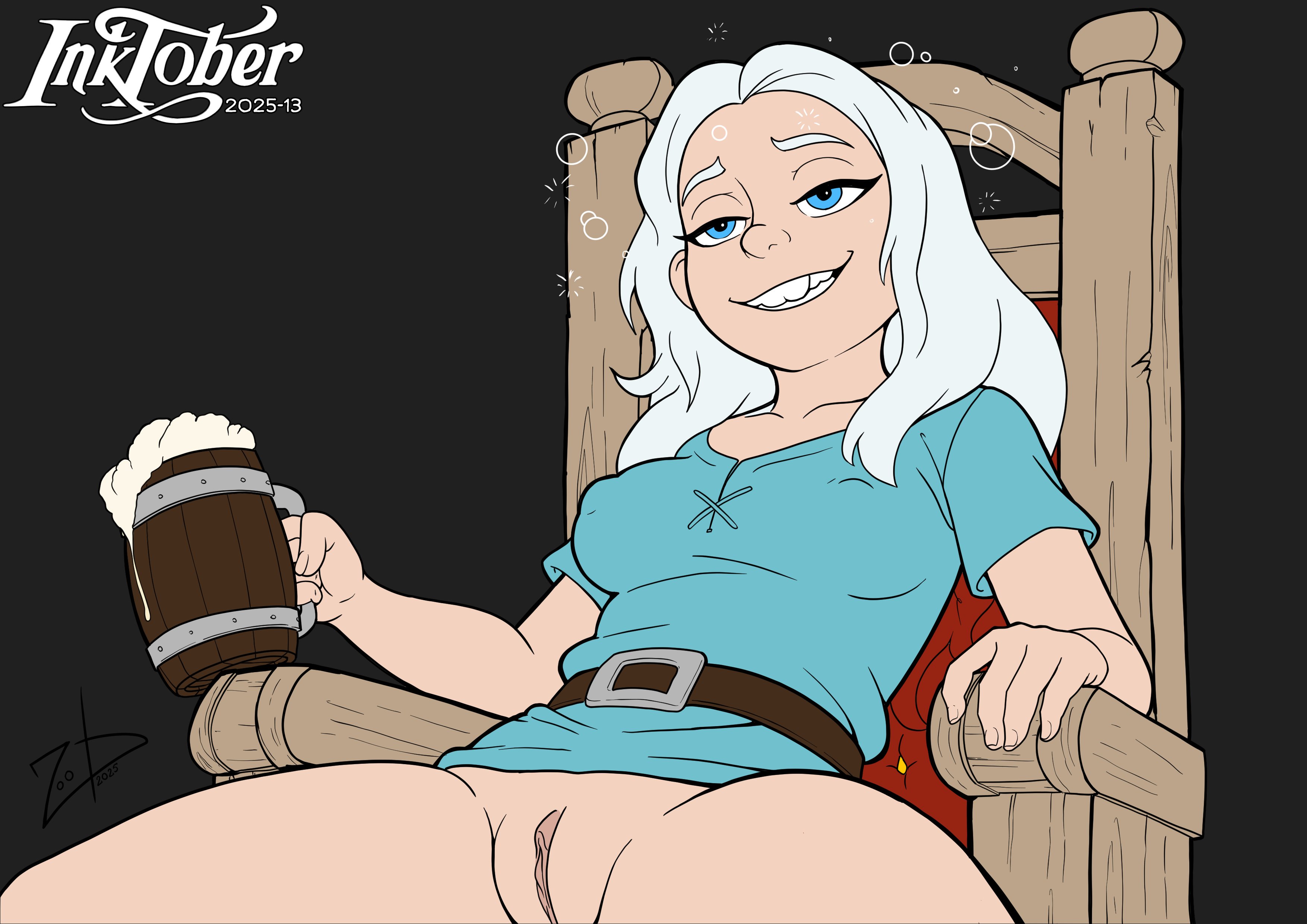 1girls, blue eyes, bottomless, bottomless female, disenchantment, drunk, drunk female, female, female only, legs spread, nipples visible through clothing, no panties, no pubic hair, princess tiabeanie, pussy, solo, spread legs, white hair, zoobastik