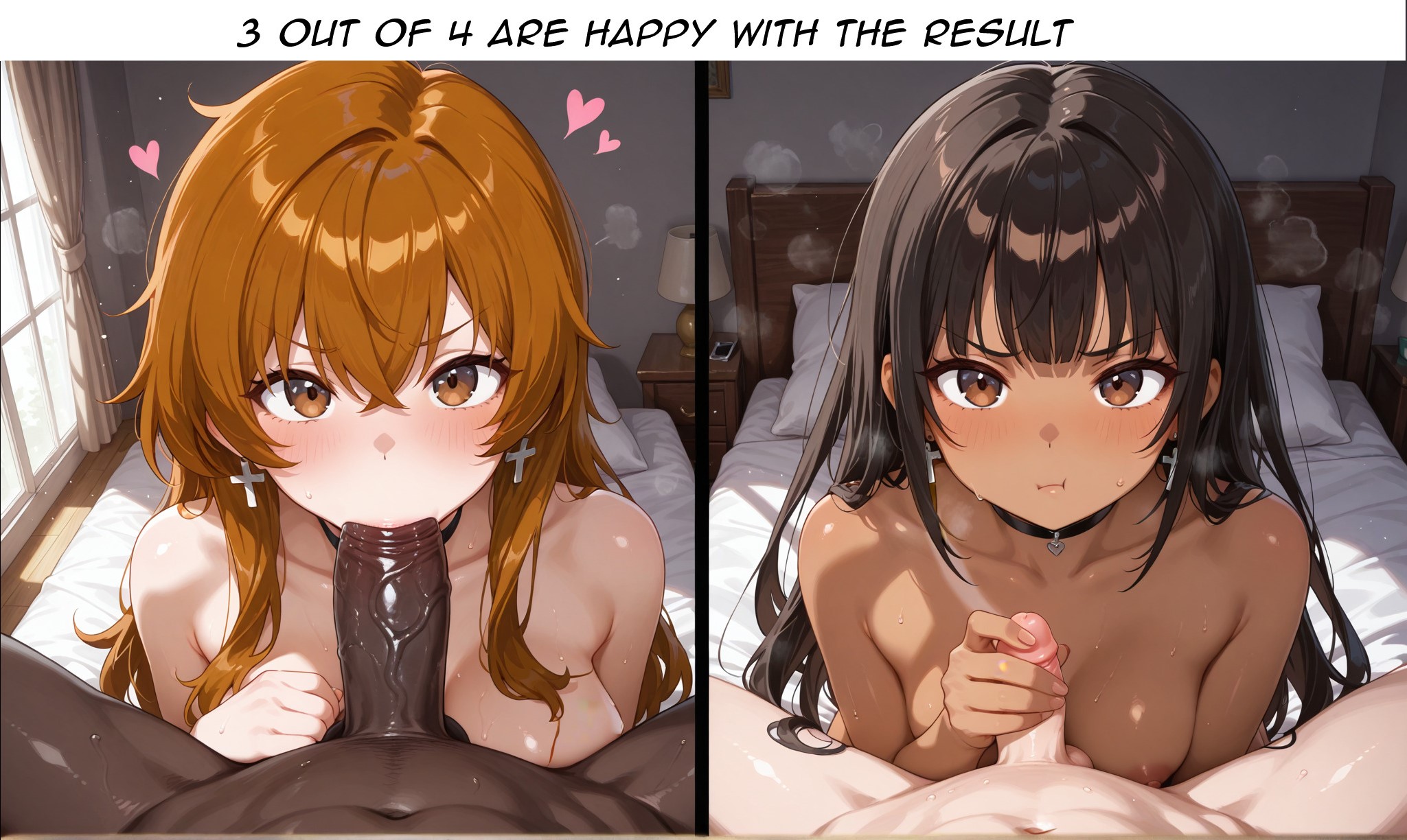 2020s, 2025, 2boys, 2girls, ai generated, bed, bedroom, big penis, black choker, black penis, blush, brown eyes, brown hair, caption, closed mouth, confederate-chan, cross earrings, dark hair, dark skin, dark-skinned female, dark-skinned male, disappointed, disappointed look, english text, fellatio, female, hand on penis, hearts around head, huffing, indoors, interracial, interracial couple, interracial fellatio, light skin, light-skinned female, light-skinned male, long hair, looking at viewer, male, male/female, original, original character, partner swap, partners, penis in mouth, penis size difference, pout, pouting, pov, pov eye contact, pov male, raised eyebrows, small penis, small penis humiliation, soldatnr444, swingers, text, tiny penis, v-shaped eyebrows, veiny penis