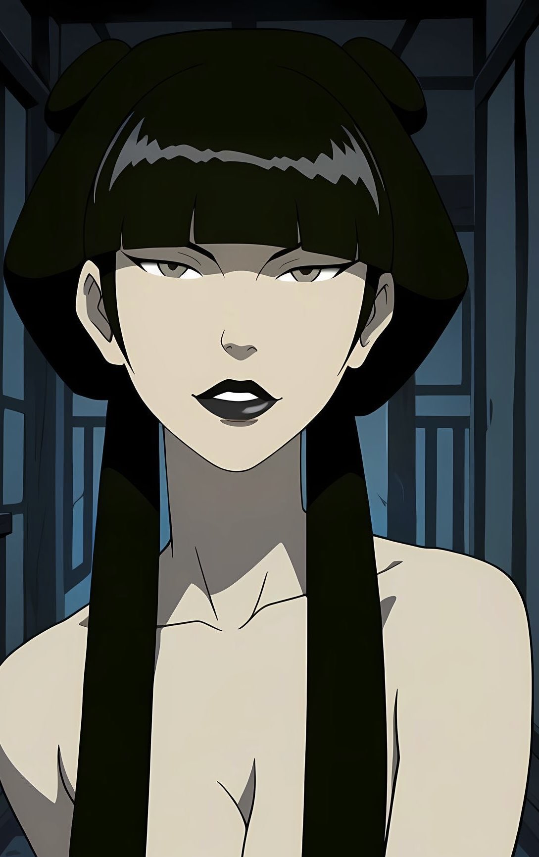 ai generated, avatar the last airbender, ayyaai, bare shoulders, big breasts, black lipstick, breasts, breasts out, cleavage, double bun, goth, goth girl, gothic, grey eyes, hairbun, implied nudity, lipstick, mai (avatar), noblewoman, sleeves, solo, solo female, solo focus, swept bangs, upper body, upper body focus