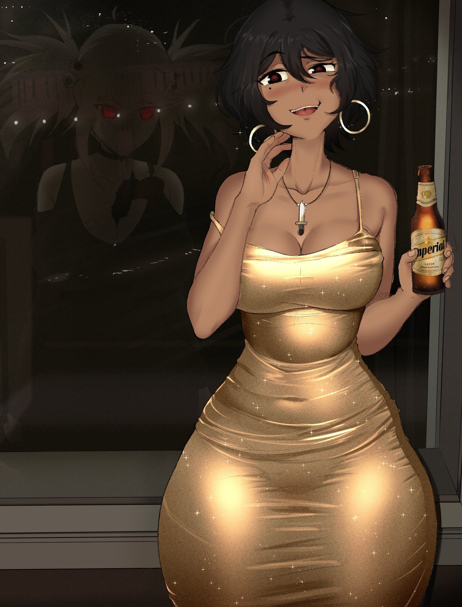 2girls, albina (tidal), dark-skinned female, dress, female, female only, gold dress, large breasts, paola (tidal), tidal (artist), voluptuous female, white-skinned female
