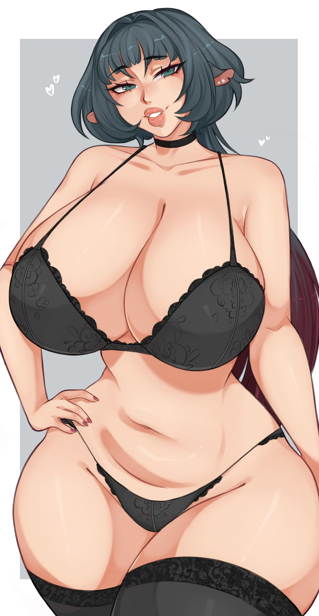 1girls, big breasts, black hair, bra, breasts bigger than head, choker, commission, female, female only, green eyes, hand on hip, hi res, huge breasts, jane doe (zenless zone zero), lingerie, long hair, looking at viewer, mihoyo, mouse ears, mouse girl, panties, smiling, smiling at viewer, solo, spookiebuni, stockings, wide hips, zenless zone zero