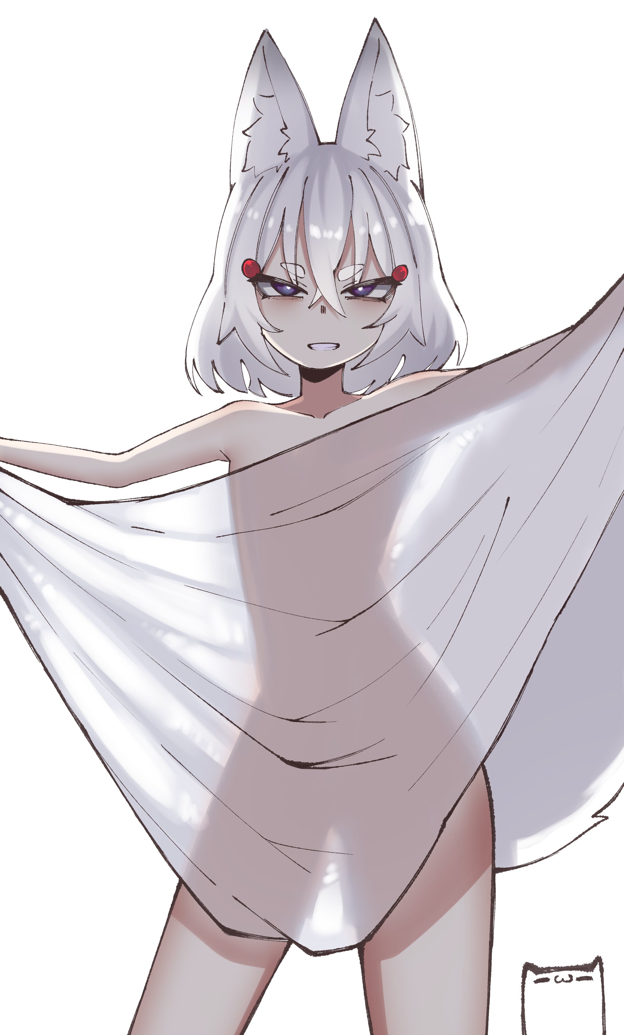 1girls, female, flat hag, fox ears, fox girl, grey hair, hag, hyperuinbush, implied nudity, mature female, older female, phase connect, purple eyes, see-through, see-through clothing, tenma maemi, virtual youtuber, vtuber