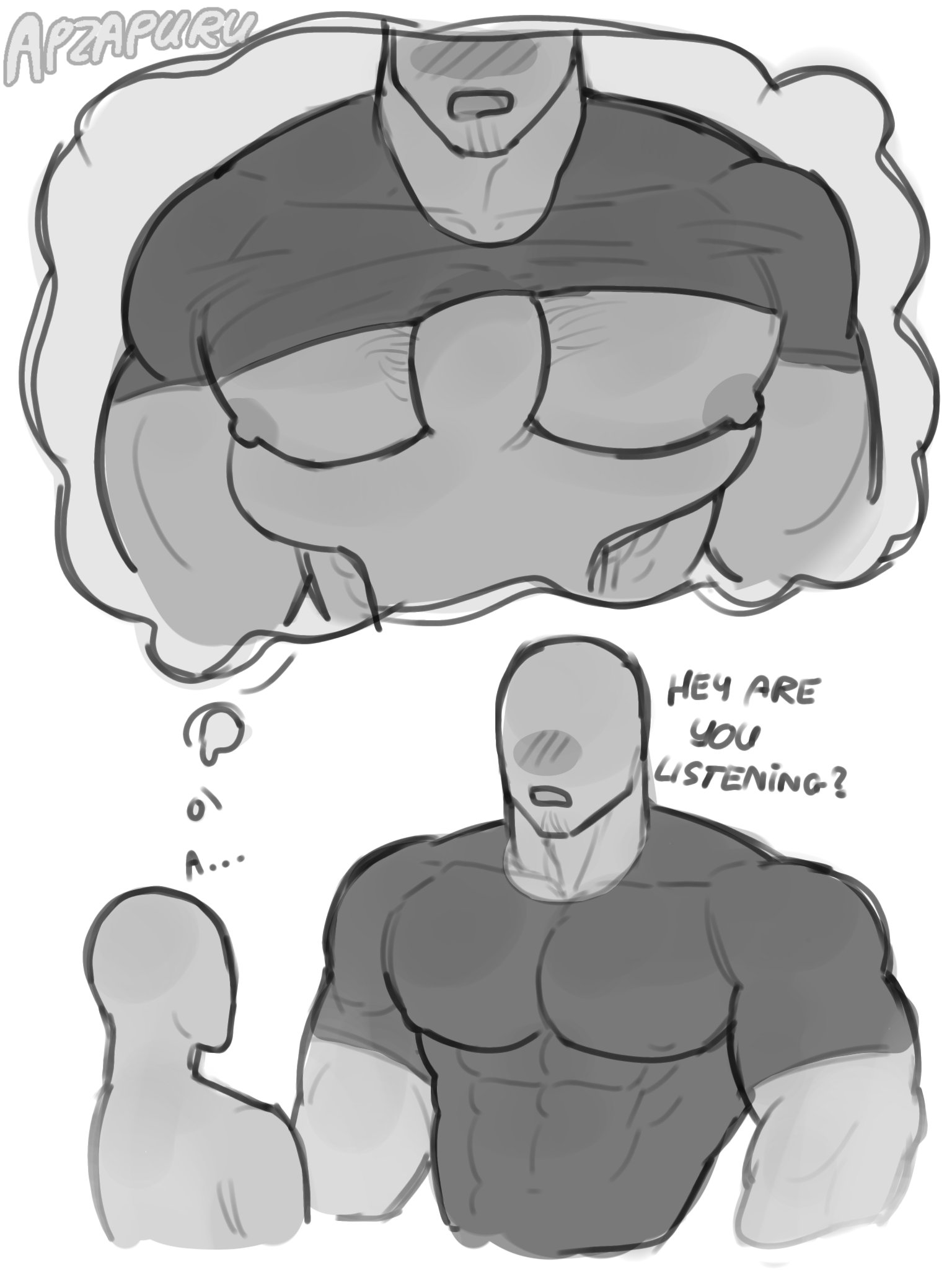 2boys, apzapuru, big pecs, dialogue, dreaming, english text, gay, male, male only, male/male, muscular, muscular male, nipples, pecs, pervert, size difference, smaller male, text