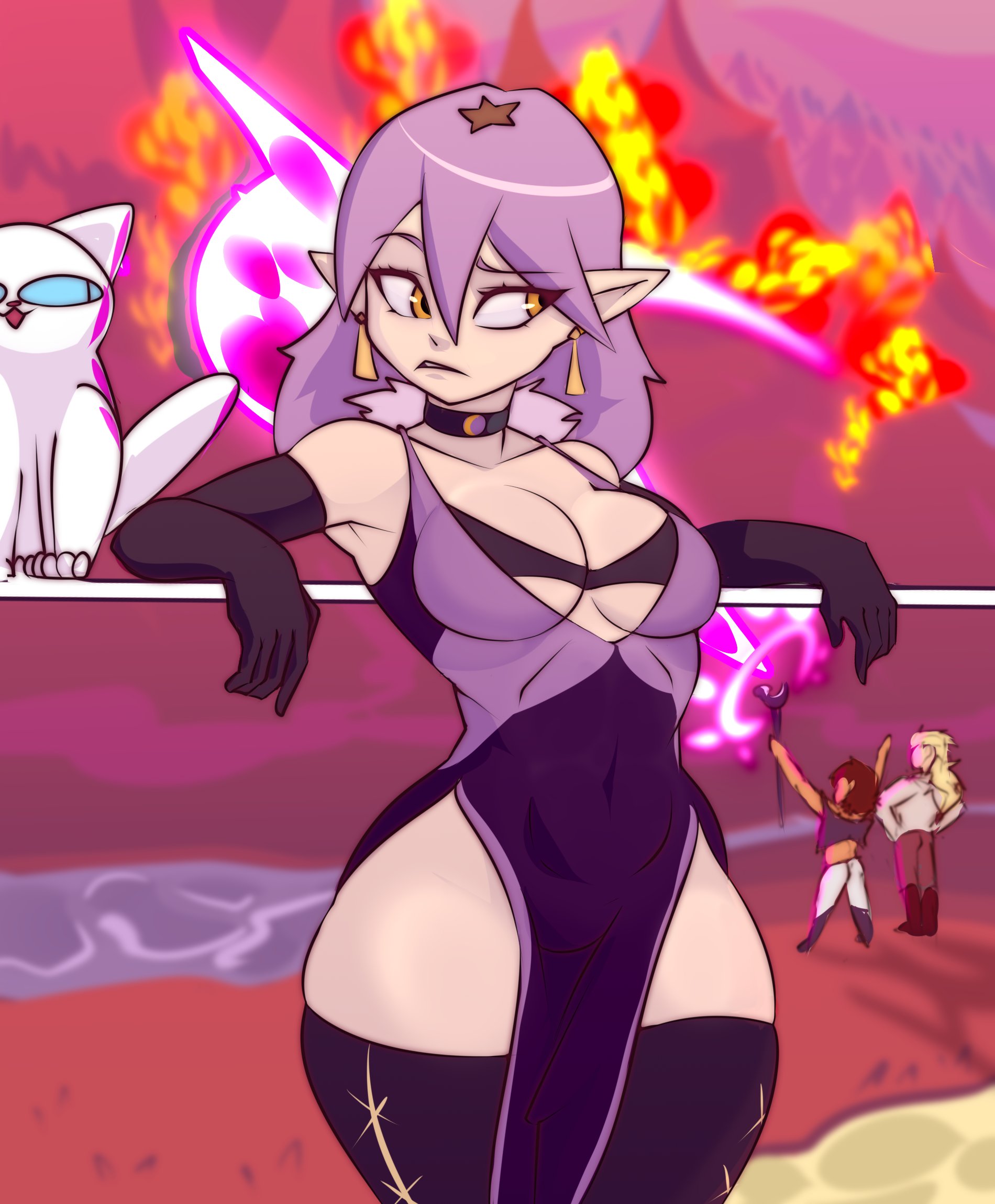 1boy, 2girls, amity blight, breasts, dgoger, disney, disney channel, female, female focus, inner sideboob, male, multiple females, multiple girls, pink hair, purple hair, solo focus, straight hair, the owl house, thick thighs