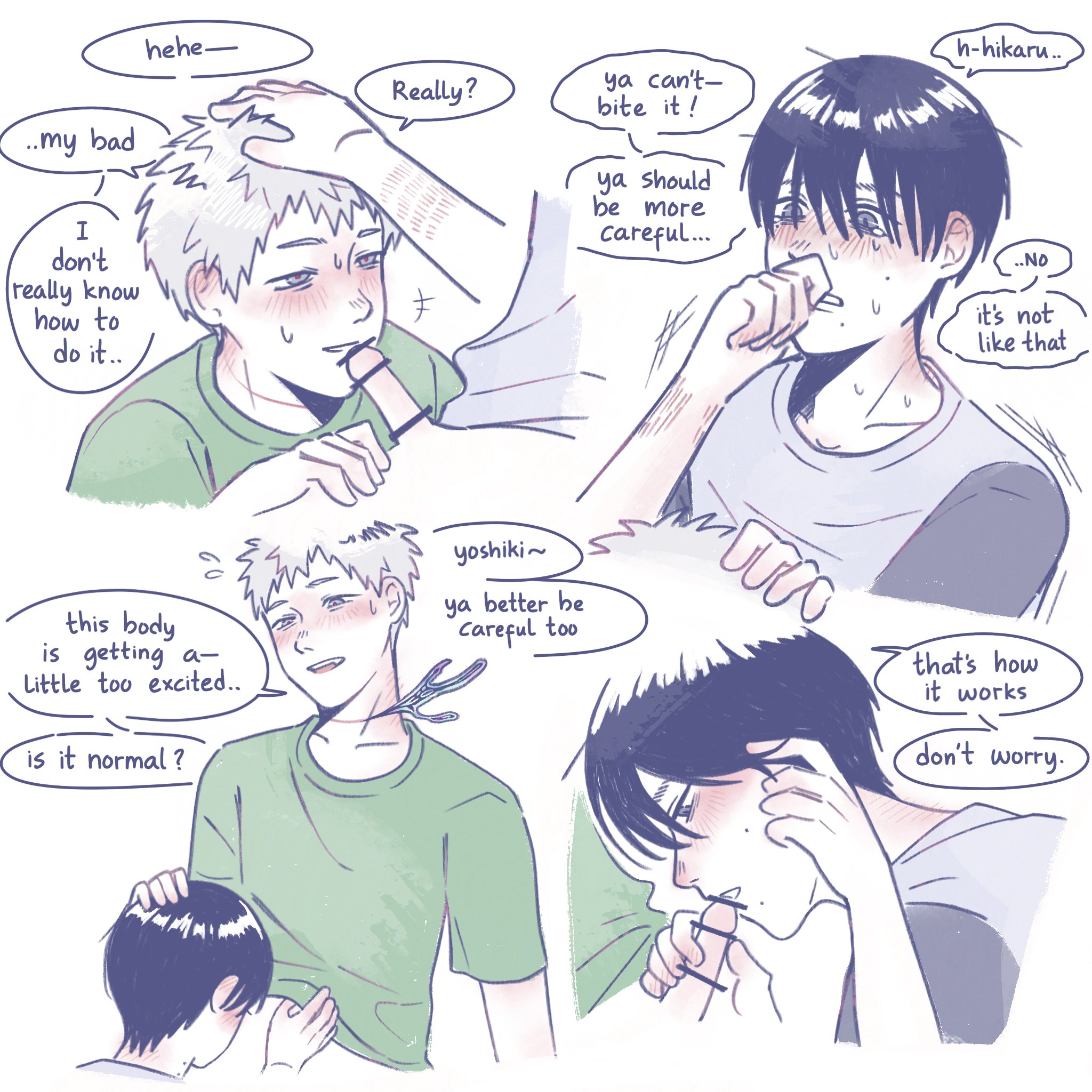 artist request, black hair, blowjob, blush, english text, gay, hikaru ga shinda natsu, hikaru indou, source request, the summer hikaru died, white hair, yaoi, yoshiki tsujinaka