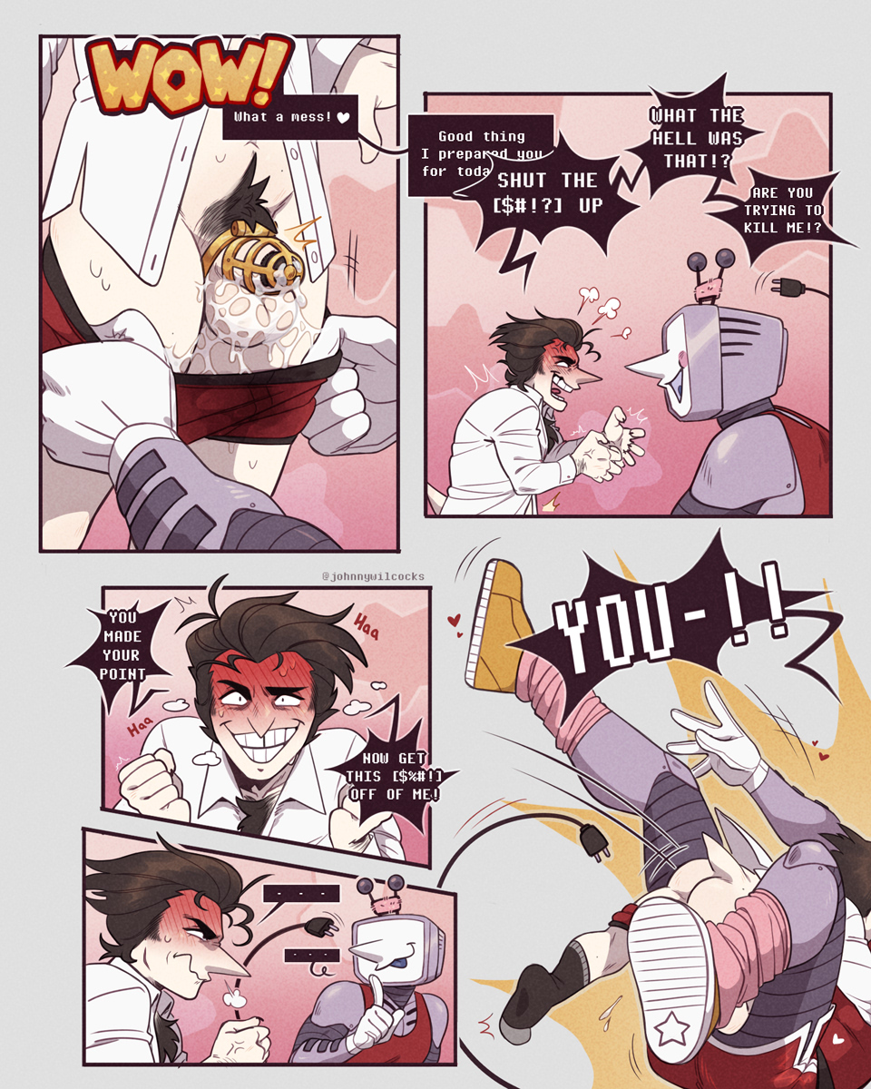 chastity cage, chastity cage emission, comic page, deltarune, desperation, gay, johnnywilcocks, size difference, small dom big sub, spamton g spamton, tenna (deltarune), undertale (series), yaoi