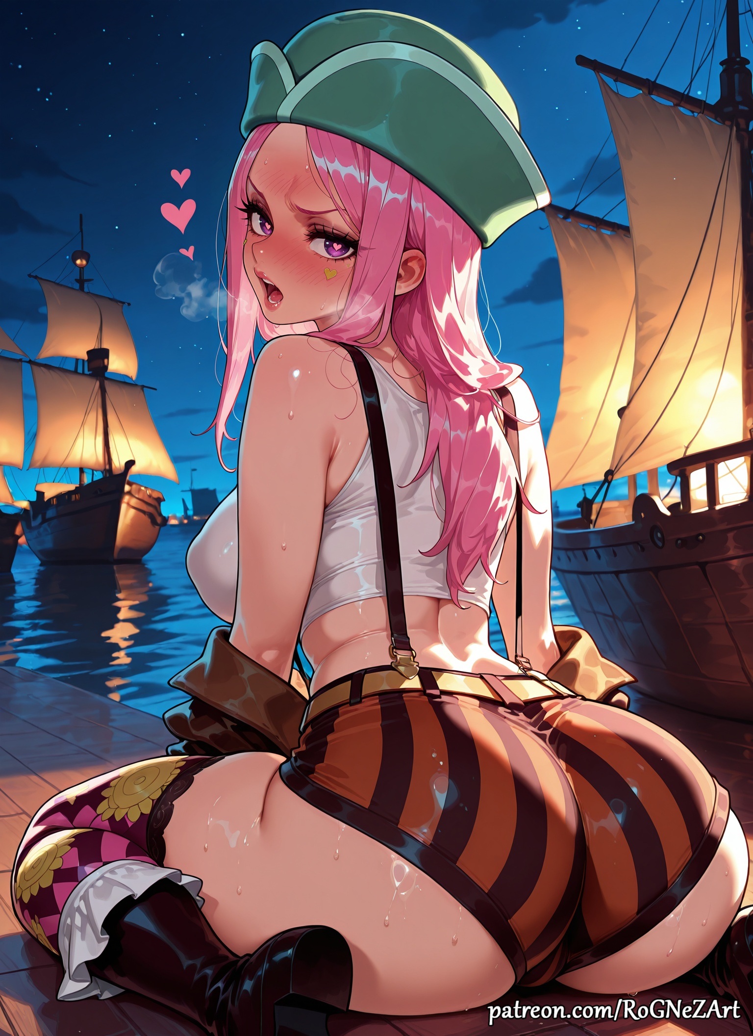 1girl, 1girls, 2026, aged up, ai generated, anime, ass, bare shoulders, blush, boat, boobs, boots, breasts, buttocks, cleavage, crop top, crossover, eye contact, female, female focus, female only, flushed, from behind, hat, heart, heart-shaped pupils, high heels, highres, huge breasts, jewelry bonney, large breasts, long hair, looking at viewer, looking back, moaning, night, nsfw, one piece, open mouth, orange shorts, outdoors, patreon, patreon username, pink hair, pink-haired female, purple eyes, rognezart, short shorts, shorts, sitting, sky, solo, striped, suspenders, sweat, sweaty, symbol-shaped pupils, thick thighs, thighhighs, thighs, vertical stripes, very long hair, wariza, water, watercraft