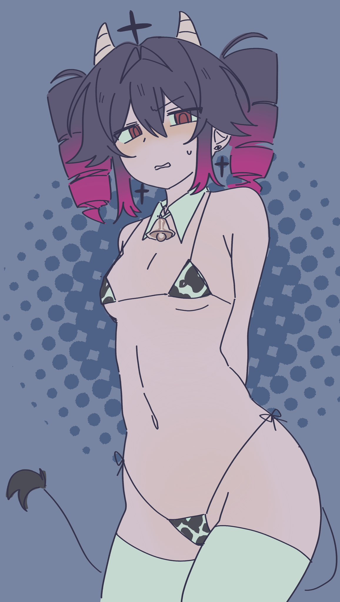 1girls, 2d, 2d (artwork), belly, bikini, black hair, cow horns, cow print, cow print bikini, dark teto, female, female focus, female only, kasane teto, multicolored hair, mv character, navel, petite, petite body, petite female, qna (utau), red eyes, simple background, skinny, skinny female, slim girl, slim waist, solo, solo female, solo focus, thighhighs, two-tone hair, utau, utauloid, wide hips