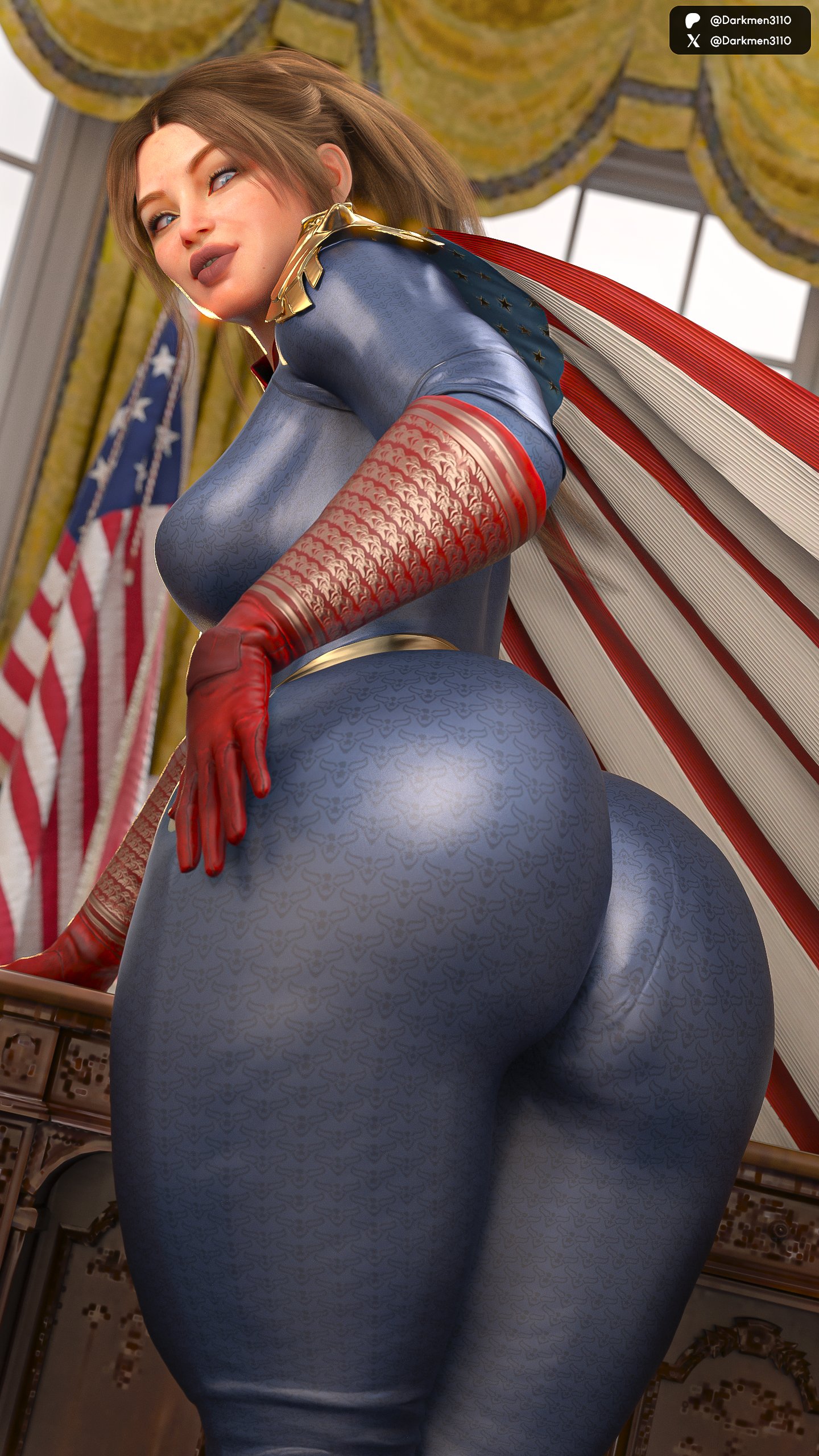 1girls, 3d, 3d (artwork), alternate version available, blonde hair, blood on face, blue eyes, cape, clothed, clothing, curvaceous, curvy, curvy body, curvy figure, darkmen3110, dumptruck ass, fat ass, femlander, homelander, huge ass, large breasts, looking at viewer, looking back, oval office, ponytail, presenting, ripped clothing, the boys, thick thighs, voluptuous, voluptuous female, wide hips