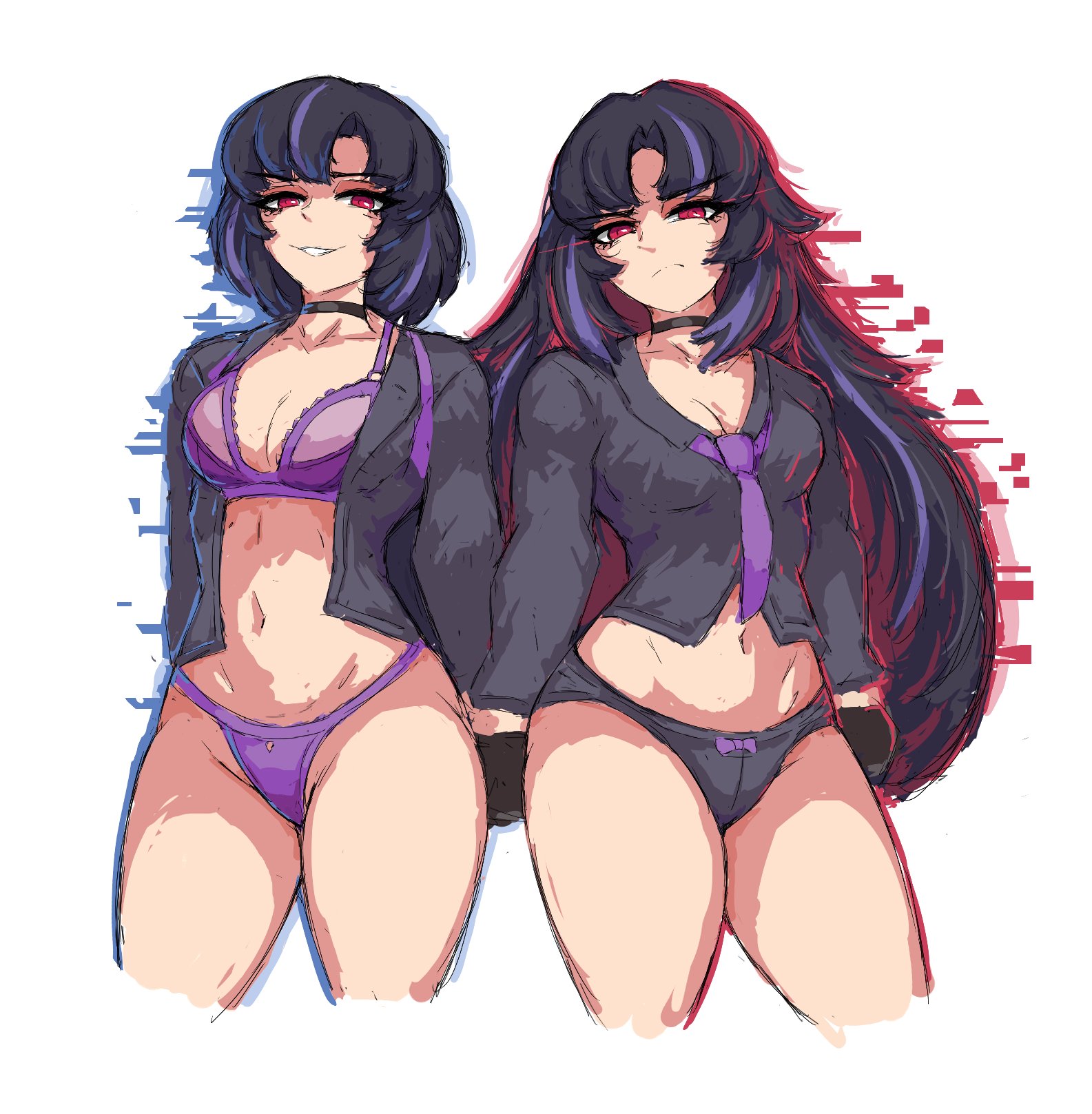 2girls, araya (limbus company), breasts, female, female only, glitch effect, glitching, limbus company, littleteze, looking at viewer, mother and daughter, mother and daughter (lore), multicolored hair, multiple girls, navel, oyakodon, panties, project moon, red eyes, ryoshu (limbus company), white background