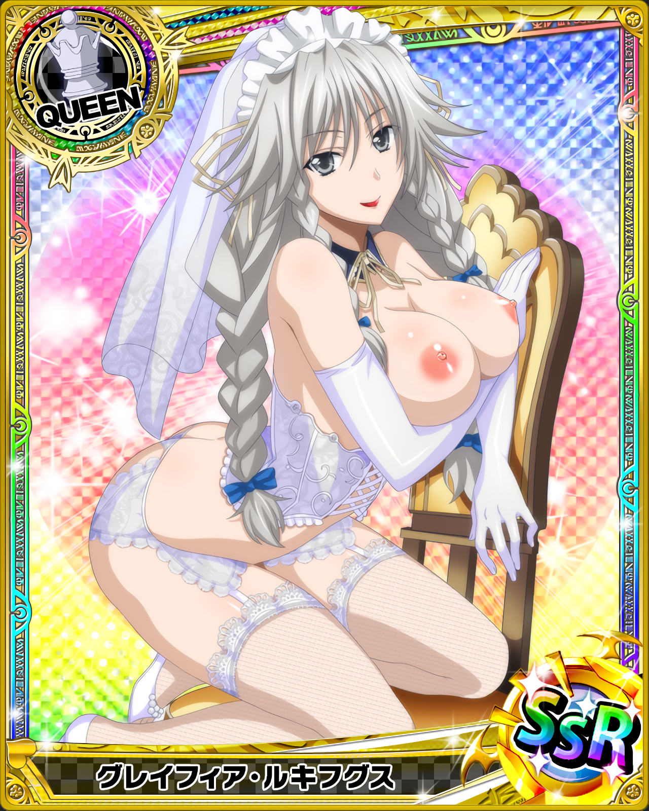 areolae, artist request, ass, ass crack, bare shoulders, braid, breasts, breasts out, butt crack, card (medium), female, grayfia lucifuge, grey eyes, grey hair, high school dxd, kneeling, large breasts, long hair, looking at viewer, nipples, photoshop, pointy chin, smile, solo, tied hair, topless, white hair