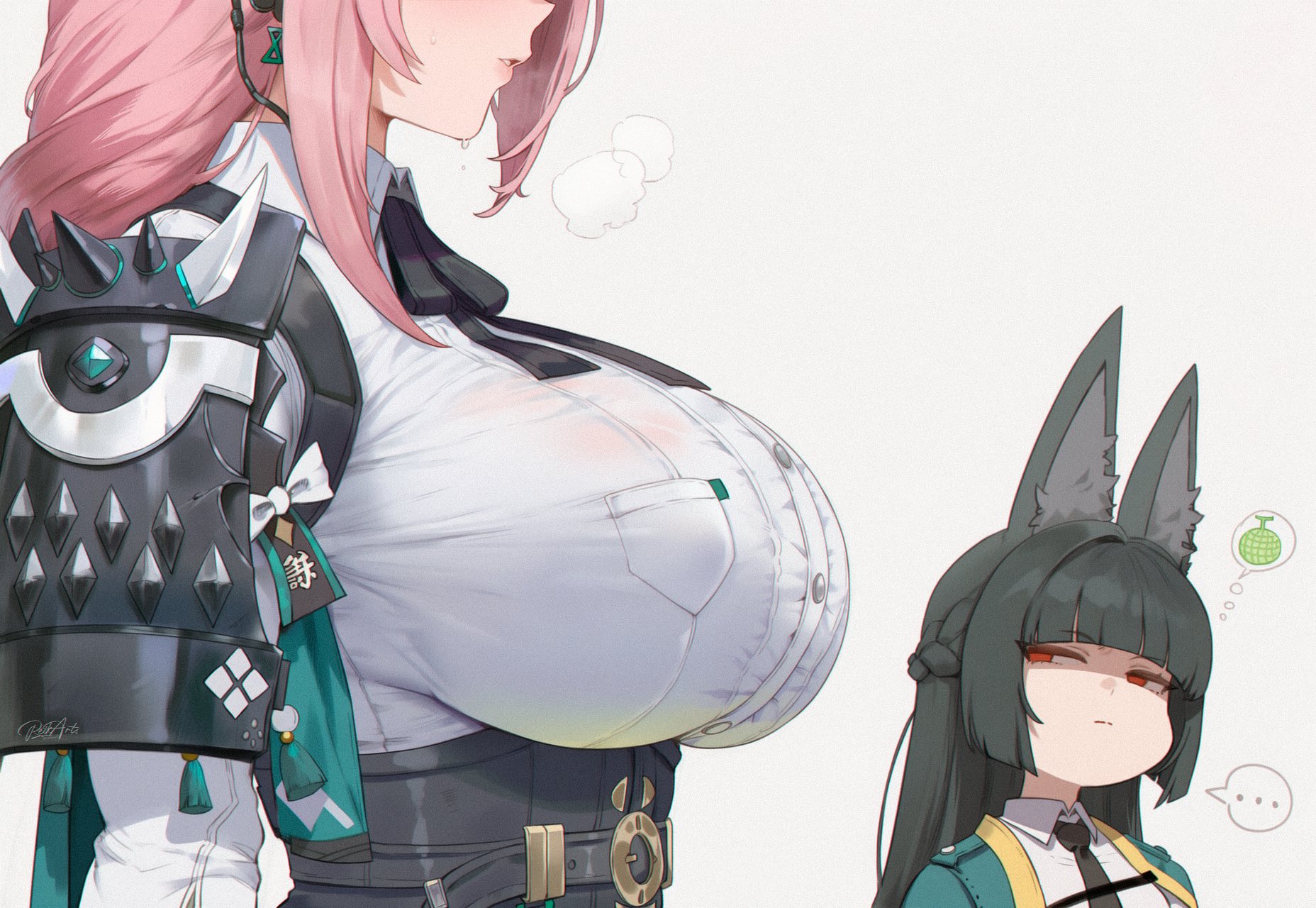 2girls, ai generated, animal ears, big ass, black hair, breasts focus, hoshimi miyabi, huge breasts, pink hair, reikarts, tsukishiro yanagi, zenless zone zero