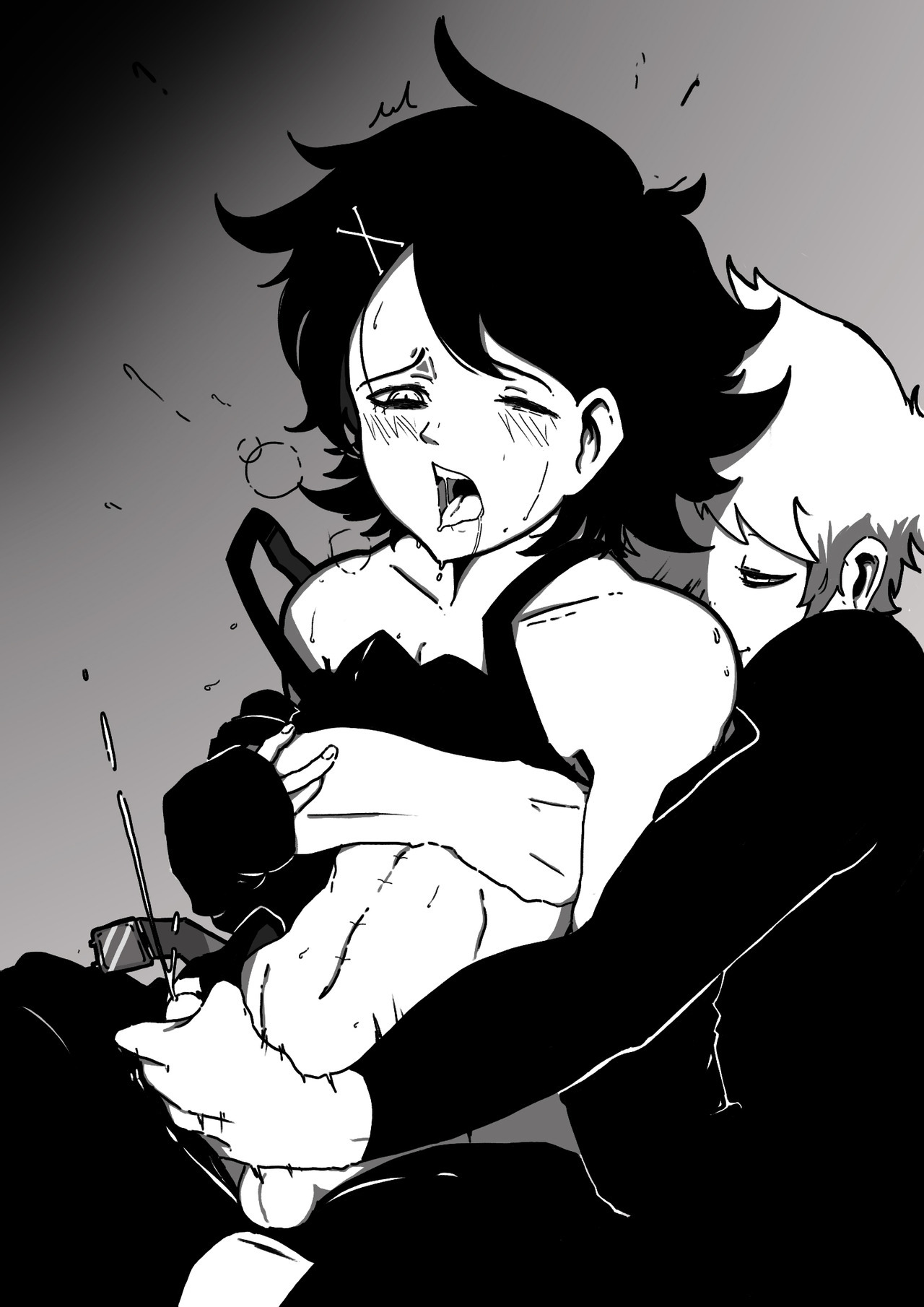 ahe gao, greyscale, juuzou suzuya, male, mark gavatino, monochrome, penis, sex, tagme, tokyo ghoul, trap, yaoi