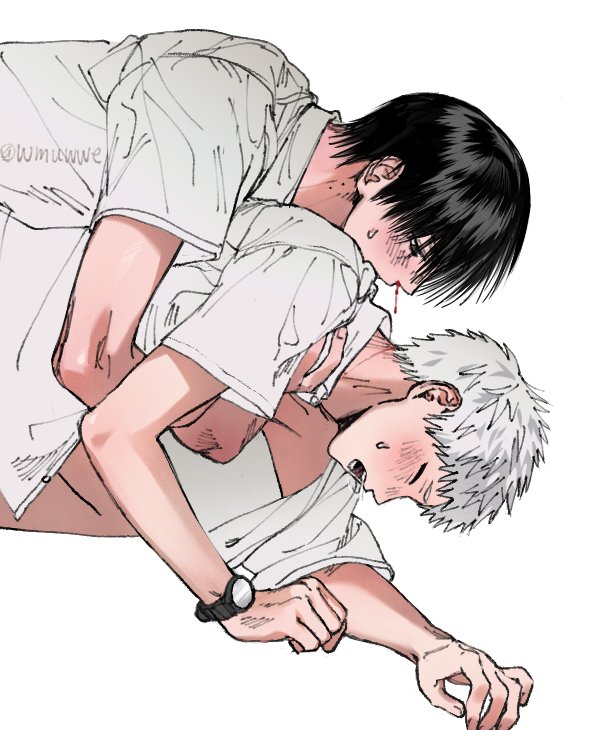 black hair, blood from nose, blush, color, gay, hikaru ga shinda natsu, hikaru indou, the summer hikaru died, white hair, yaoi, yoshiki tsujinaka
