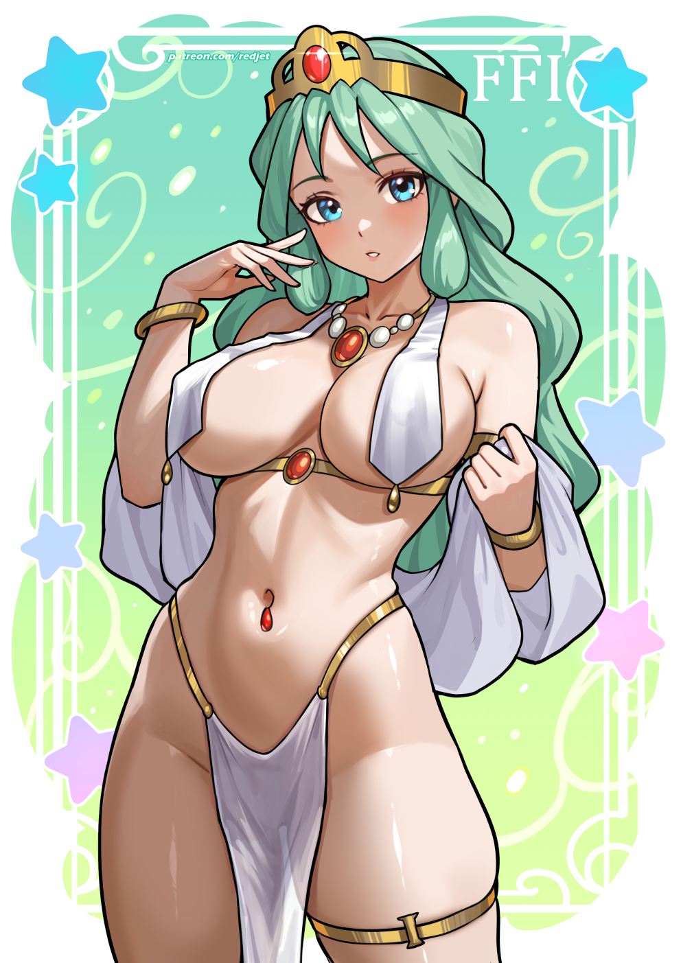 1girl, blue eyes, blush, breast curtains, breasts, commentary, copyright name, english commentary, final fantasy, final fantasy i, gradient background, green hair, headpiece, highres, jewelry, large breasts, loincloth, long hair, looking at viewer, navel, navel piercing, necklace, parted lips, patreon username, pelvic curtain, piercing, redjet, sarah (ff1), solo, standing, star (symbol), thigh strap