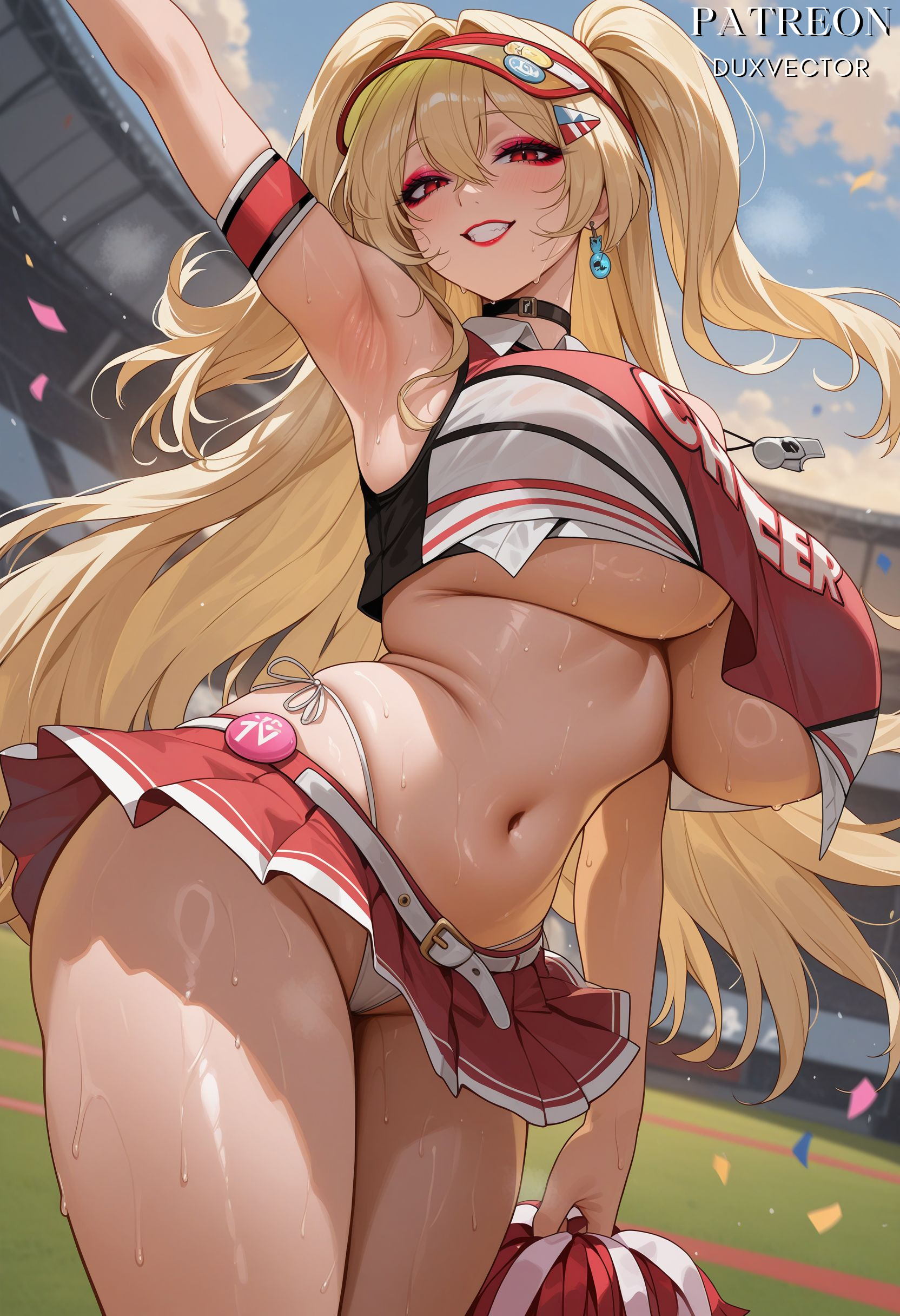 1girl, ai generated, arm up, armband, armpits, belt, black choker, blonde hair, blue sky, blush, breasts, cheering, cheerleader, cheerleader outfit, cheerleader uniform, choker, clay (nikke), clothing, cloud, crop top, crop top overhang, day, duxvector, earrings, female, from below, goddess of victory: nikke, grin, hair between eyes, hair ornament, hairclip, highleg, holding, holding pom poms, huge breasts, jewelry, large breasts, long hair, looking at viewer, makeup, microskirt, midriff, miniskirt, mole, navel, outdoors, panties, pantsu, pleated skirt, pom pom (cheerleading), red armband, red eyes, red lips, red skirt, side-tie panties, single earring, skirt, sky, smile, solo, stadium, standing, stomach, sweat, thick thighs, thighs, twintails, two side up, underboob, underwear, very long hair, visor cap, whistle, whistle around neck, white belt, white panties