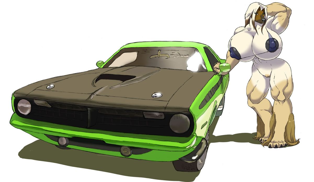 afghan anthro breasts canine car female gideon green_eyes hair hyper hyper_breasts mammal muscular nipples pose simple_background solo vehicle white_background