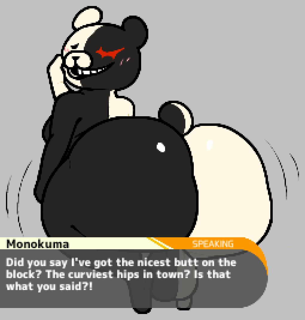 2026 anthro balls bear big_butt black_body blush butt chip_at_night danganronpa dialogue dialogue_box digital_drawing_(artwork) digital_media_(artwork) english_text genitals huge_butt looking_at_viewer male mammal monokuma motion_lines multicolored_body shaking_butt solo spike_chunsoft text two_tone_body white_body