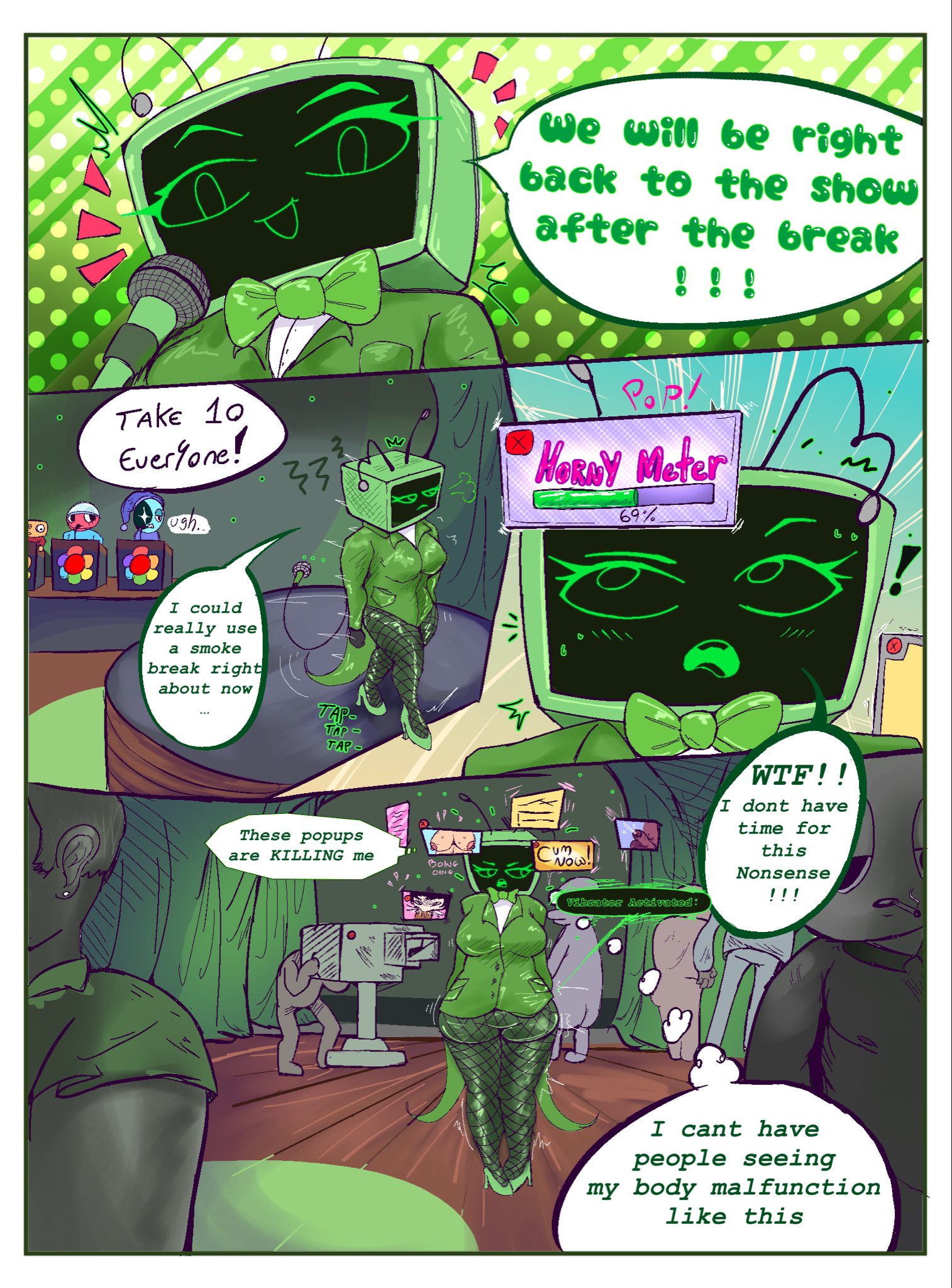1girls, bouncybanan4, clothed, clothed female, comic, comic page, dandy's world, english text, female, full body, horny, horny female, roblox, tagme, text, vee (dandy's world)