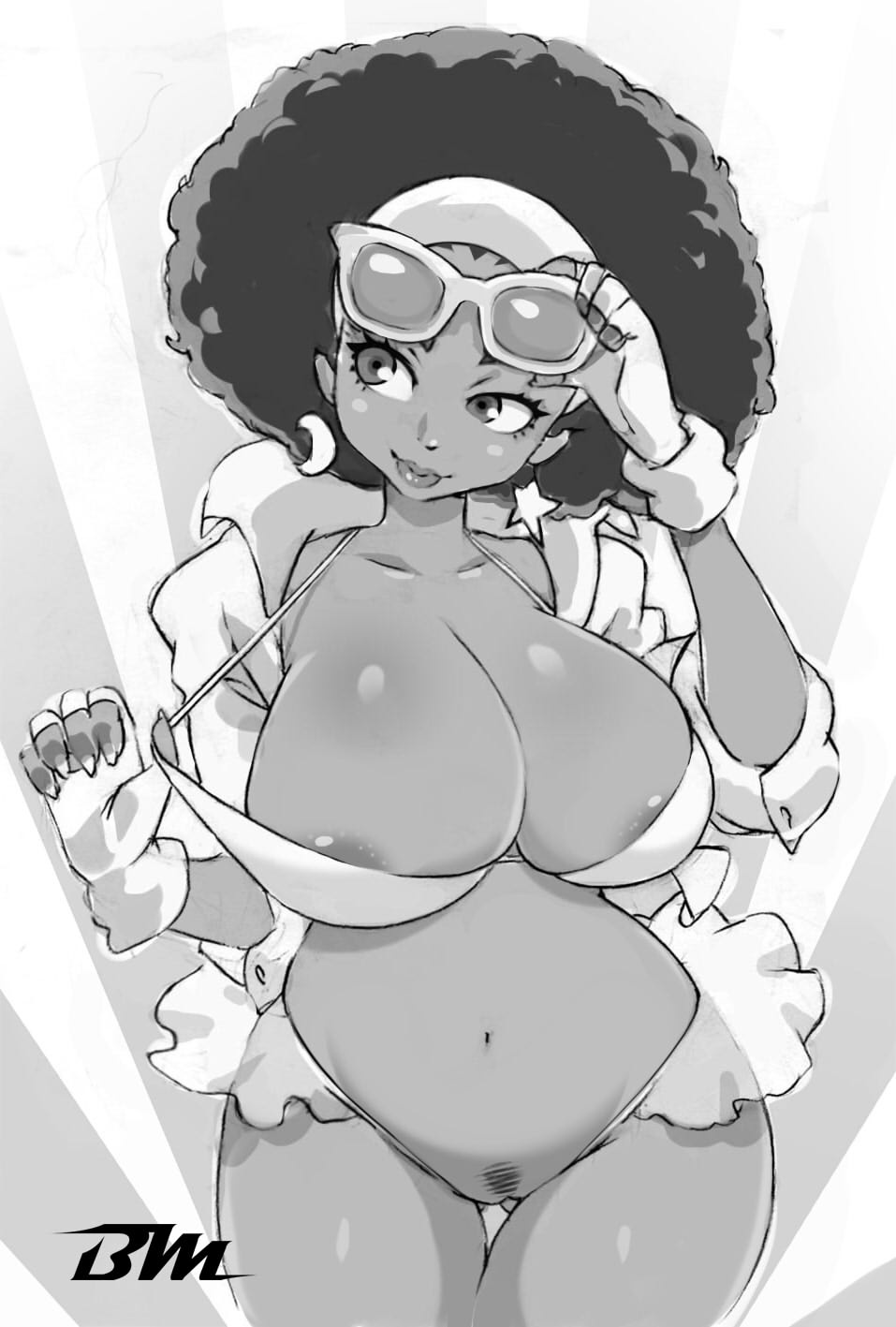 afro, bayeuxman, bikini, bikini pull, breasts, curvy, dark skin, dark-skinned female, earrings, female, fingerless gloves, gloves, hairband, jacket, large breasts, looking away, monochrome, navel, original, pubic hair, smile, solo, sunglasses, swimsuit, wide hips