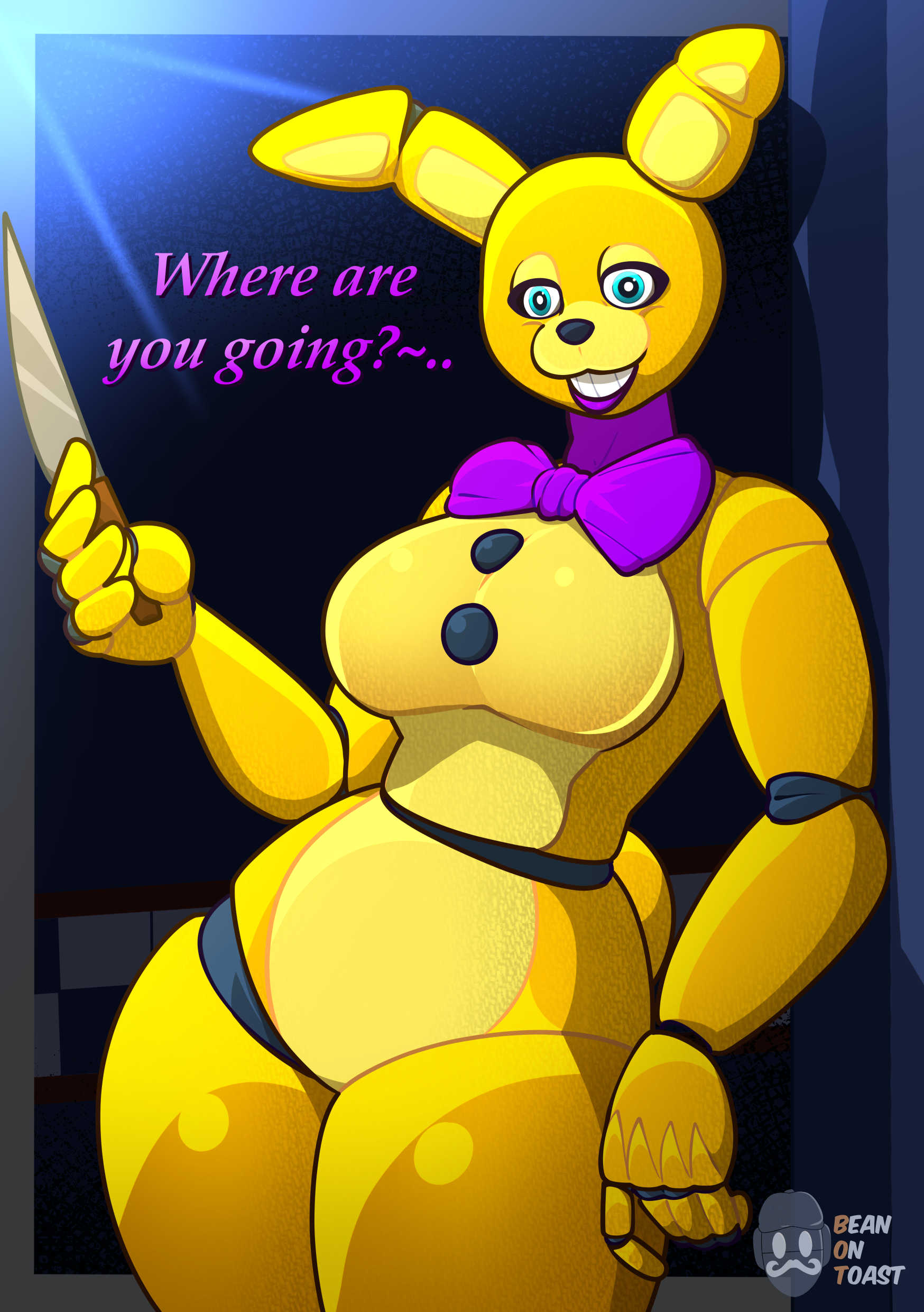 2026, 2d, 2d (artwork), 2d artwork, animatronic, animatronic female, artist logo, artist name, beanontoast, big breasts, blue eyes, breasts, bunny, bunny ears, dialogue, female, female only, five nights at freddy's, genderswap, genderswap (mtf), knife, robot, robot girl, rule 63, solo, spring bonnie (fnaf), thick thighs, william afton