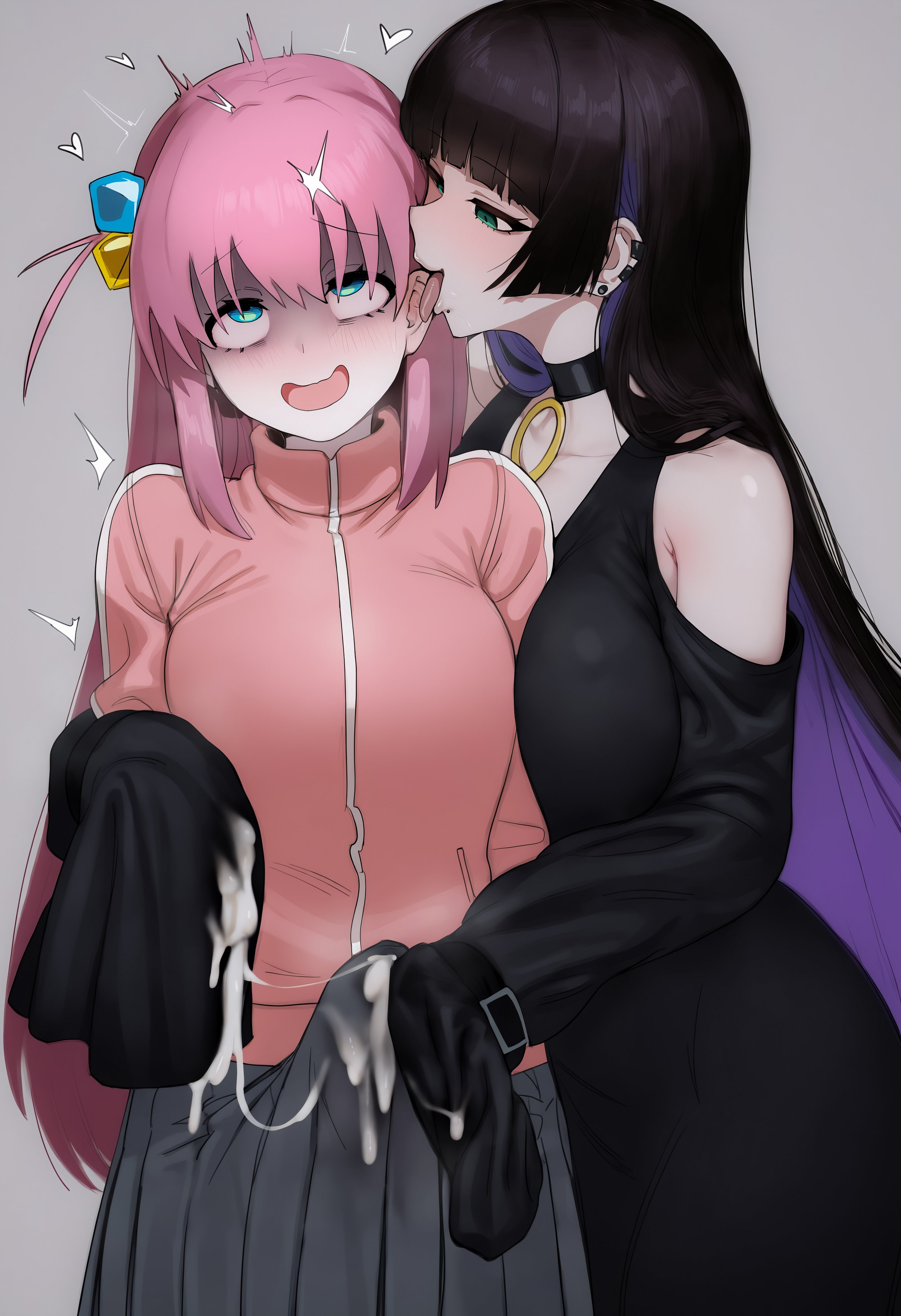 1futa, 1girls, ai generated, asura af, bangs, bare shoulders, big breasts, black hair, blue eyes, blunt bangs, blush, bocchi the rock!, breasts, cum, earrings, erection, erection under skirt, eyebrows visible through hair, futanari, gotou hitori, green eyes, hair ornament, handjob, heart, jacket, jewelry, kiss, licking ear, long hair, long sleeves, masturbation, multiple girls, open mouth, pa-san, pink hair, purple hair, skirt, tenting