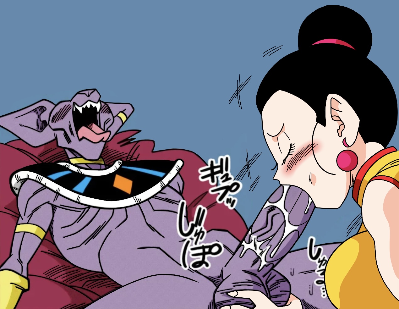 beerus, big penis, blowjob, cheating wife, chichi, dragon ball, dragon ball super, drooling on penis, female, orgasm from oral, theonegoy, veins on dick, yamamoto doujin