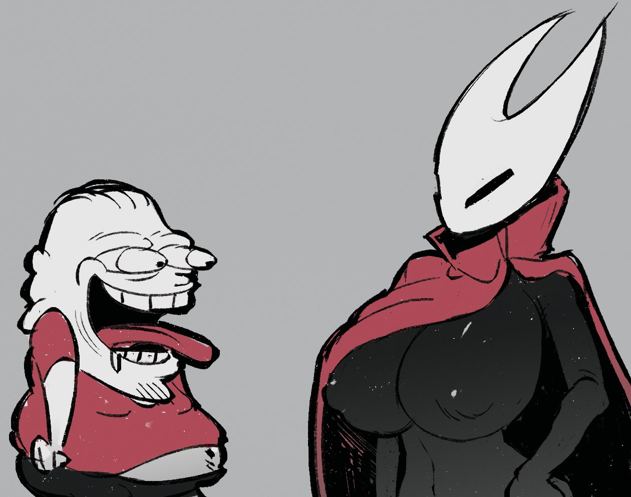 1boy, 1boy1girl, 1girls, 2026, alternate breast size, big breasts, black eyes, black skin, bulging eyes, cape, cloak, colored skin, covered nipples, curvy, curvy female, curvy figure, drooling, fat male, female, from side, grey background, gryazyuka88, half-closed eyes, height difference, high collar, hollow knight, hollow knight (franchise), hollow knight: silksong, hornet (hollow knight), huge breasts, limited palette, long tongue, looking at another, looking at breasts, open mouth, partially clothed, red cape, short male, simple background, squinting, surprised, tongue out, twitter, twitter link, v-shaped eyes, wide eyed