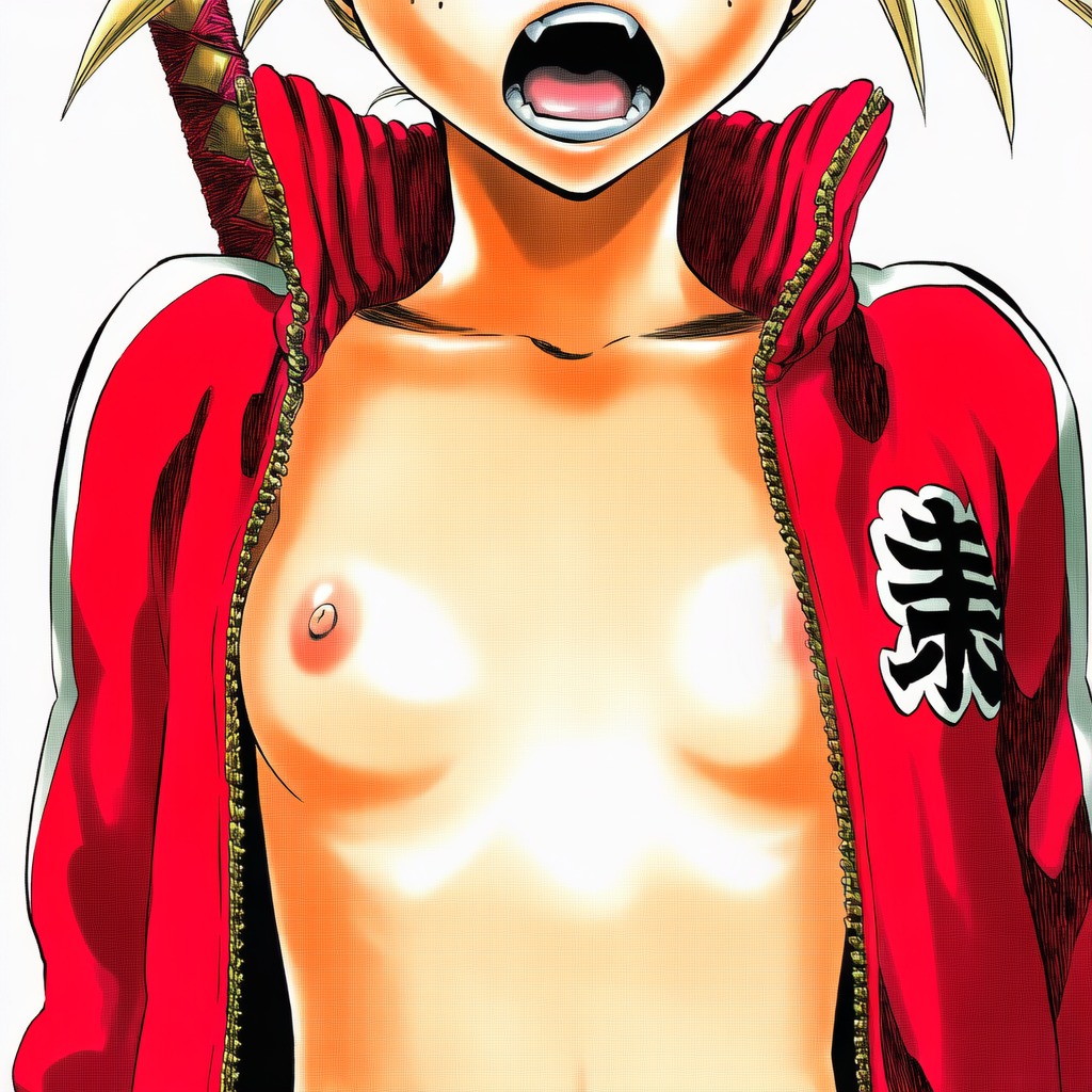 1:1, 1girls, 2d, accurate art style, accurate body type, ai generated, areolae, bleach, blonde hair, breast focus, breasts, breasts out, breasts out of clothes, cel shading, clothing, collarbone, cropped, exposed breasts, facing viewer, fangs, female, female focus, female only, flat chest, freckles, freckles on face, front view, glossy body, head out of frame, high resolution, highres, hiyori sarugaki, jacket, kanji, light skin, light-skinned female, line art, long sleeves, manga style, nipples, no bra, official style, open clothes, open mouth, open shirt, partially clothed, petite, pink areola, pink nipples, red jacket, sarugaki hiyori, sharp teeth, shiny skin, short hair, simple background, skinny, slender body, small breasts, solo, solo female, solo focus, standing, sword, sword on back, tite kubo style, track jacket, twintails, unzipped, upper body, wardrobe malfunction, weapon, white background, zipper, zipper pull tab