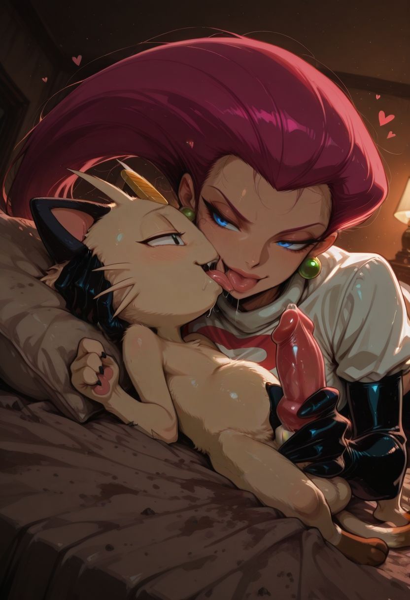 1boy, 1girls, ai generated, big breasts, bigger female, feline, feline on human, female, game freak, human, human female, interspecies, jessie (pokemon), large breasts, light-skinned female, long hair, male, male pokemon/female human, meowth, nintendo, pokemon, pokemon (species), pokephilia, purple hair, size difference, straight, tagme, team rocket, villainess, zoophilia