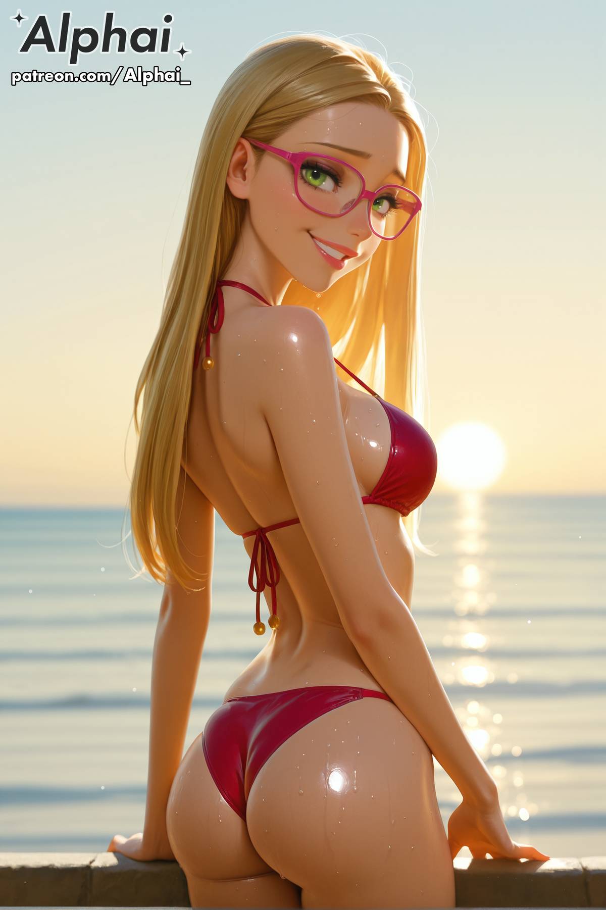 1girl, 2025, 2026, absurd res, absurdres, ai, ai art, ai assisted, ai generated, ai-created, alphai, big hero 6, big hero 6: the series, bighero6, bikini, blonde hair, blue sky, blushing, brown hair, cinematic lighting, colorful background, depth of field, detailed background, detailed hair, detailed skin, disney, dramatic shadows, female, female focus, female only, fingernails, glasses, green eyes, high quality, high resolution, highres, honey lemon, jewelry, lipstick, long hair, looking at viewer, looking back, makeup, marvel, medium breasts, nail polish, naughty face, ocean, parted lips, particles, patreon, patreon link, patreon url, patreon username, pink lips, pink nails, pink-framed eyewear, raised eyebrows, red bikini, sea, shiny skin, skindentation, smile, solo, standing, sweaty, volumetric lighting