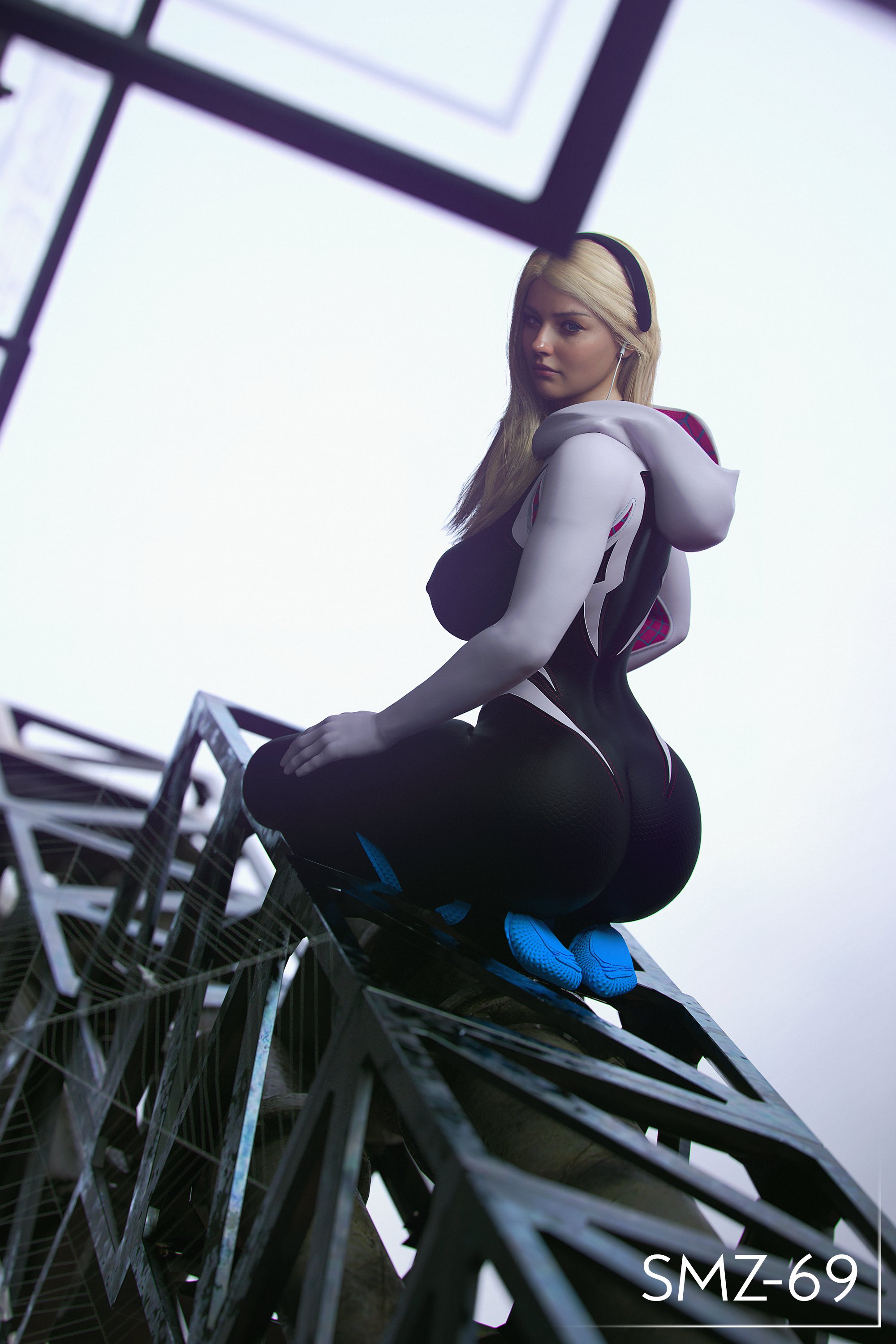 1girls, 3d, 3d (artwork), artist name, ass, big ass, big breasts, big butt, blonde hair, breasts, capcom, cosplay, costume, female, female only, fully clothed, hi res, light skin, light-skinned female, looking at viewer, marvel, marvel comics, nipples, on knees, outdoors, resident evil, resident evil 8: village, rosemary winters, smz-69, solo, spider-gwen (cosplay), thick thighs, thong, watermark