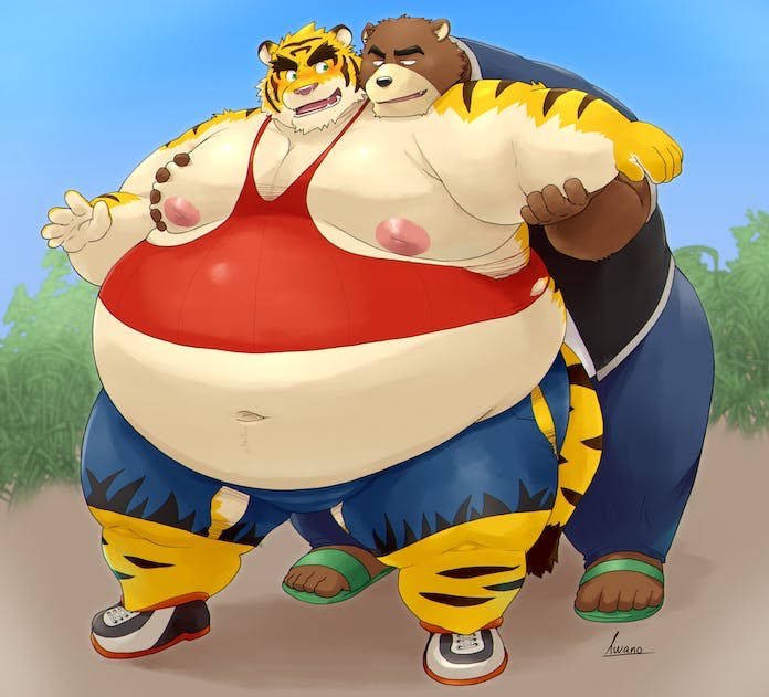 bear belly_button big_belly big_gut fat_arms fat_ass fat_belly fat_fetish fat_fur fat_legs fat_male fat_thighs furry gay gay_male groping_from_behind iwano juuichi_mikazuki male_only man_tits moobs morenatsu nipples tearing_clothes thick_arms thick_body thick_legs thick_thighs thighs tiger_fur tight_clothes tight_clothing tight_pants tight_shirt torahiko_(morenatsu)