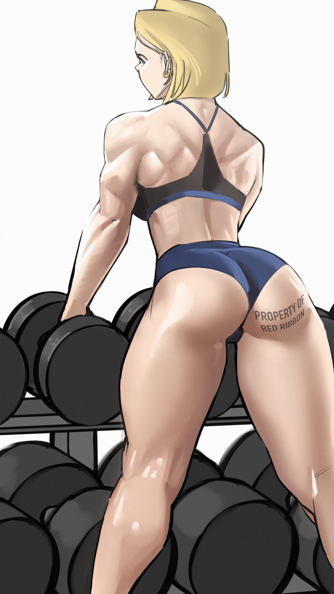 1girls android_18 ass ass bare_arms bare_legs bare_shoulders bare_thighs big_ass big_breasts big_butt blonde_hair blue_eyes clothed clothing color dragon_ball dragon_ball_z english_text female female_focus female_only fit_female hi_res large_breasts light-skinned_female light_skin muscular_back short_hair solo solo_female tagme tattoo text thick_thighs weights zukululuu