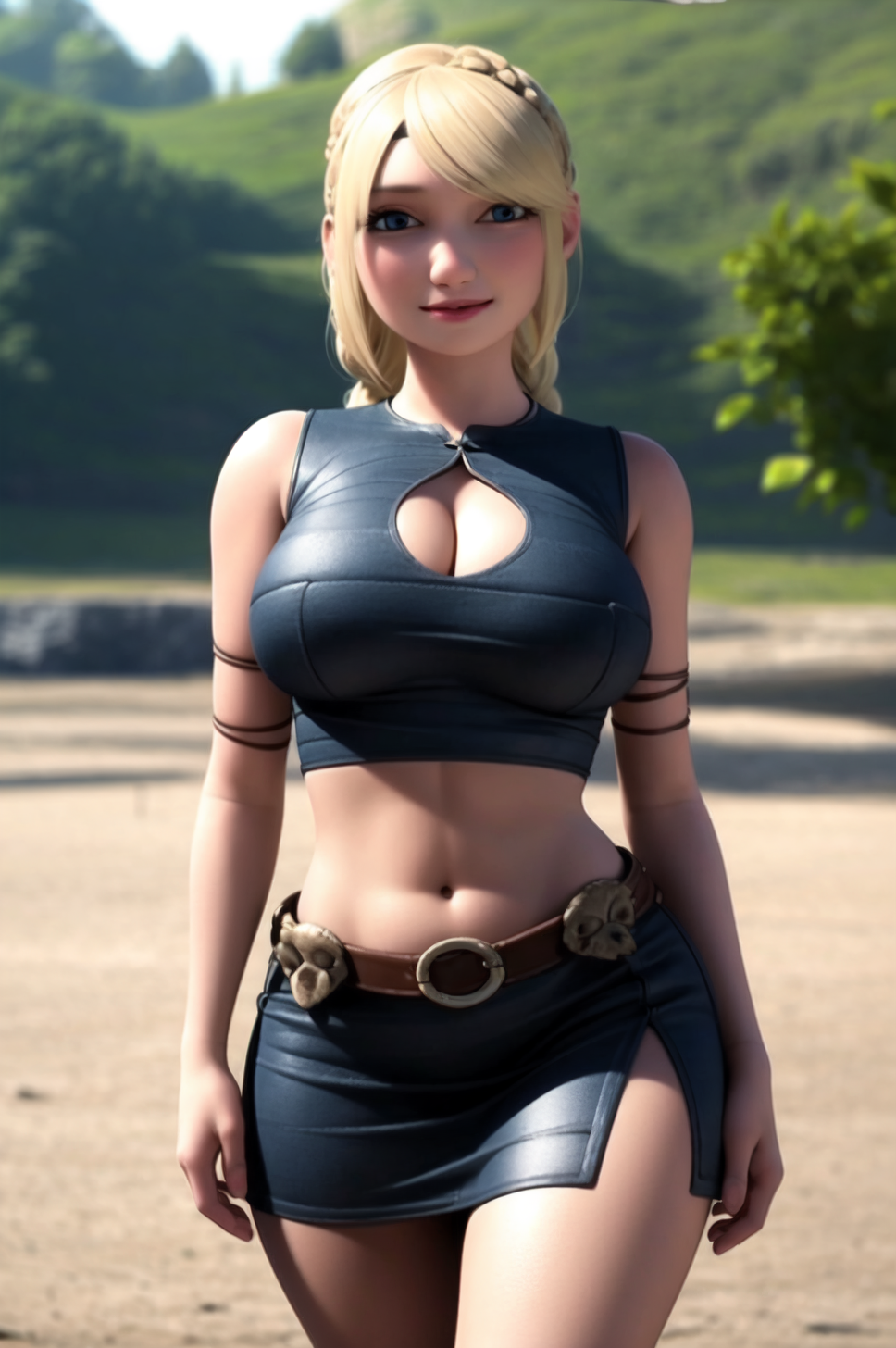 1girls ai_generated astrid_hofferson belt blonde_hair blue_eyes boob_window cleavage cleavage_cutout curvaceous curvy curvy_body curvy_female curvy_figure dreamworks female female_only heroine horny horny_female hourglass_figure how_to_train_your_dragon legs_together light-skinned_female light_skin midriff miniskirt mrseyker navel pixai skirt solo solo_female standing viking viking_female voluptuous voluptuous_female