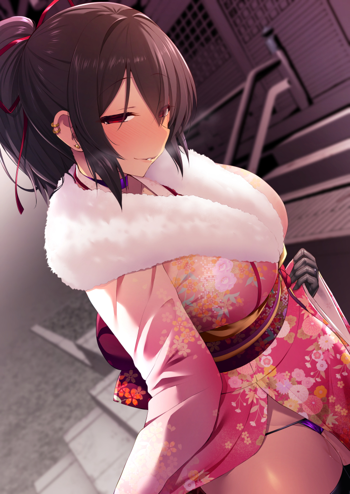 big_breasts blush brown_hair clothes_lift collar covered_nipples earrings eyes_visible_through_hair female female_focus floral_print fur_collar g-string gloves grin half-closed_eyes huge_breasts indoors japanese_clothes kimono large_breasts long_hair long_sleeves looking_at_viewer multiple_earrings naughty_face naughty_smile netokano obi original outdoors panties parted_lips ponytail red_eyes satou_kuuki school_uniform skirt smile sports_bra suzumori_mizuki thong