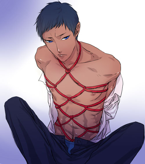 aomine_daiki blue_eyes chest daiki_aomine kinbaku kuroko's_basketball kuroko_no_basuke male male_focus male_only navy_blue_hair pretty_boy sharp_eyes short_hair siren_eyes tan_body tan_skin