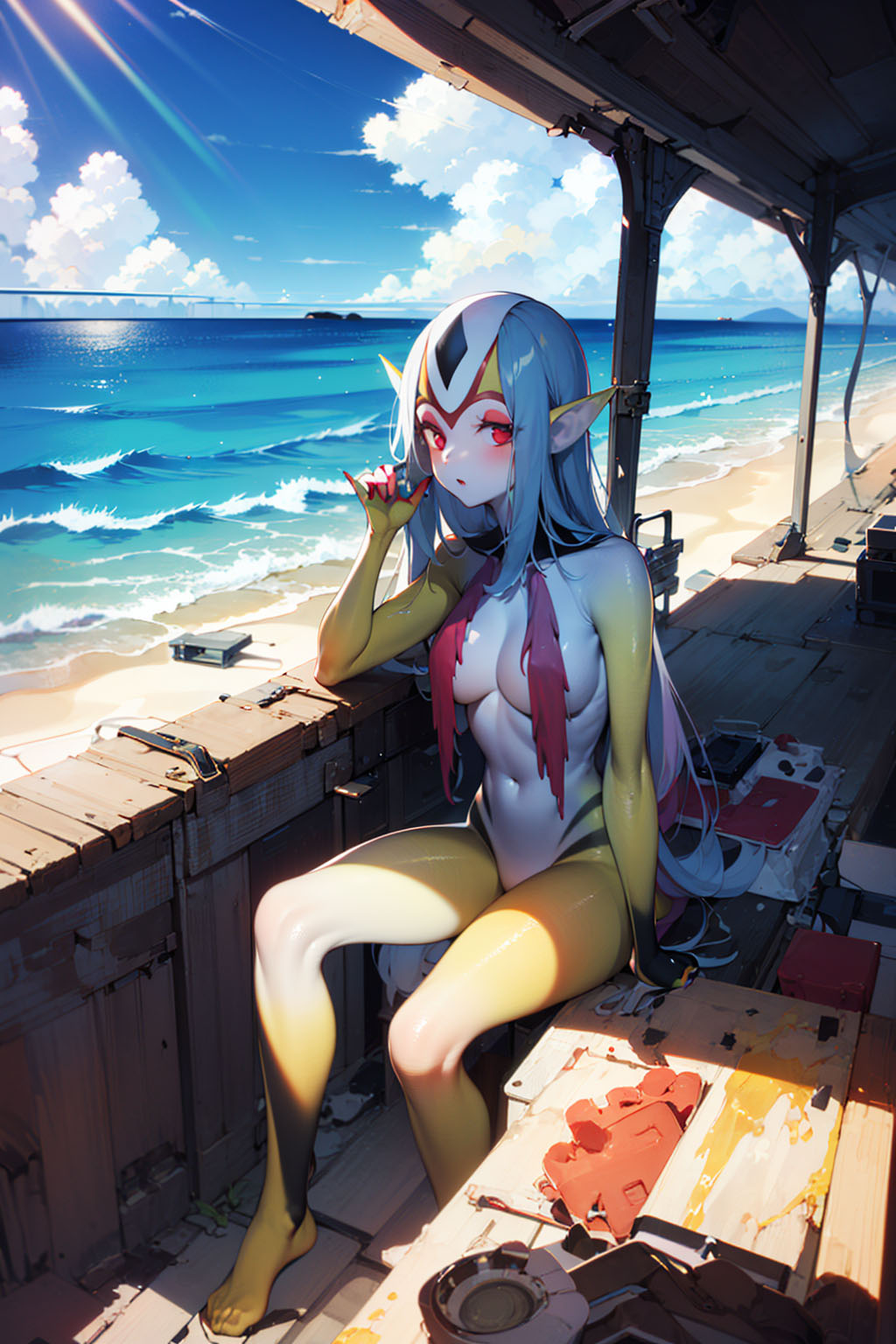 1girls 2015 ai_generated beach blue_submarine_no._6 blush breasts feet female grey_hair humanoid lips long_hair looking_at_viewer marine monster_girl mutio pointy_ears red_eyes smile solo toes yellow_skin