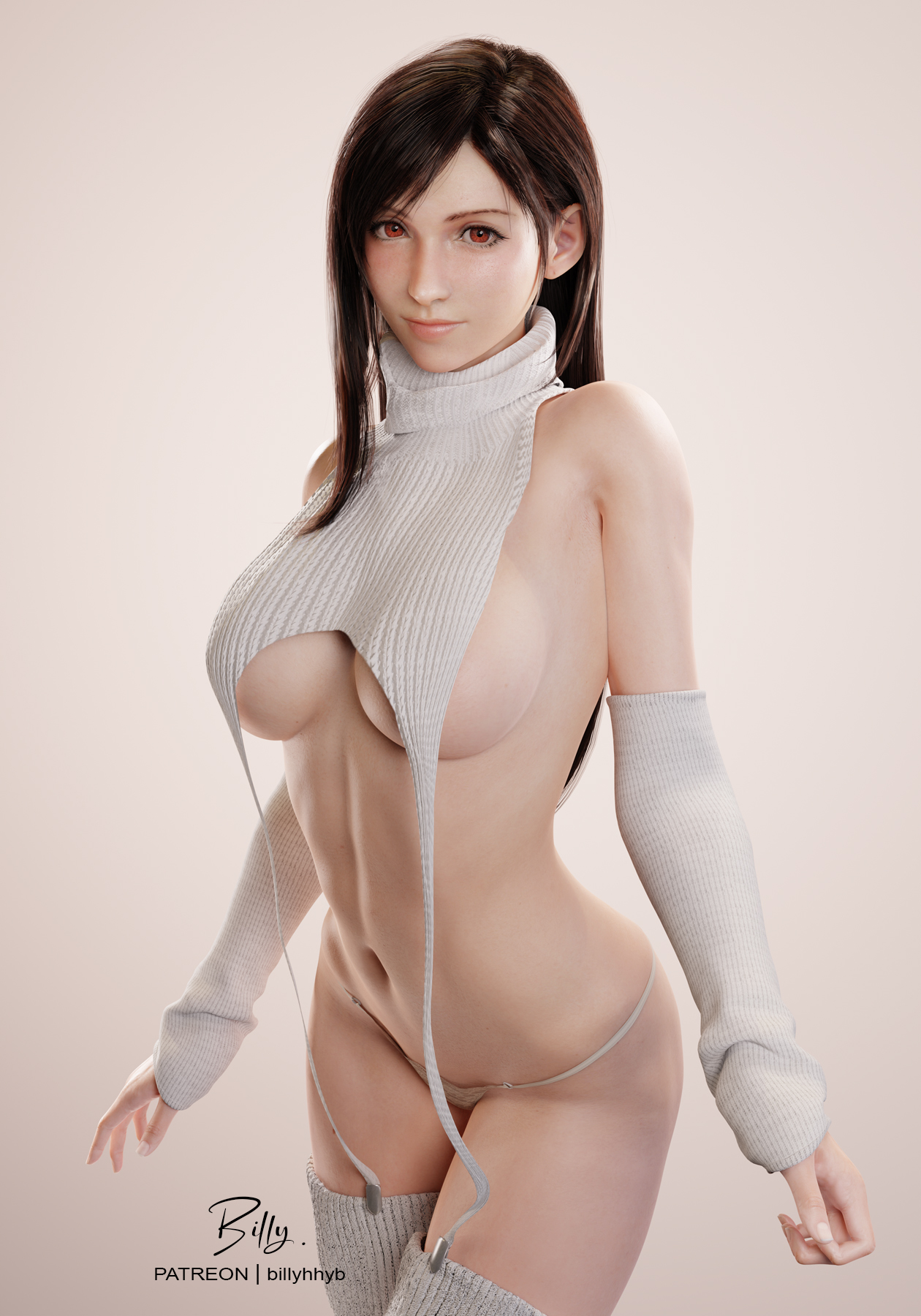 1girls, 3d, ass, athletic female, big ass, billyhhyb, breasts, brown hair, female, female only, final fantasy, final fantasy vii, final fantasy vii remake, large breasts, light skin, light-skinned female, long hair, looking at viewer, red eyes, smile, solo, square enix, thick thighs, tifa lockhart, underboob, virgin destroyer sweater, voluptuous