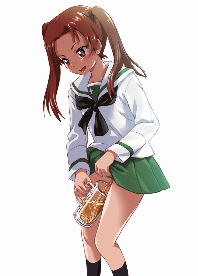 1girls :d beer_mug blush brown_eyes brown_hair cup female female_only girls_und_panzer green_skirt holding holding_cup kadotani_anzu long_hair long_sleeves lunalu9 open_mouth peeing peeing_in_cup peeing_into_container pleated_skirt school_uniform serafuku shirt simple_background skirt smile solo standing urine white_background white_shirt