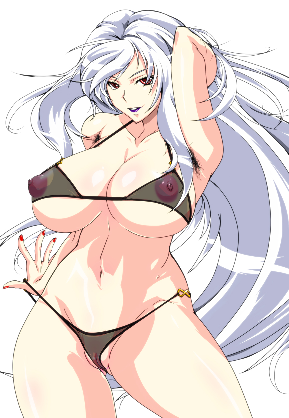 1girls areolae armpit_hair bikini black_bikini bra breasts censored curvy female female_armpit_hair female_only freia_kagami highres huge_breasts large_breasts lipstick long_hair looking_at_viewer nail_polish navel nipples panties parted_lips puffy_nipples purple_lipstick pussy red_eyes see-through silver_hair simple_background smile solo standing underwear underwear_only very_long_hair white_background wrestle_angels wrestle_angels_survivor wrestle_angels_survivor_2